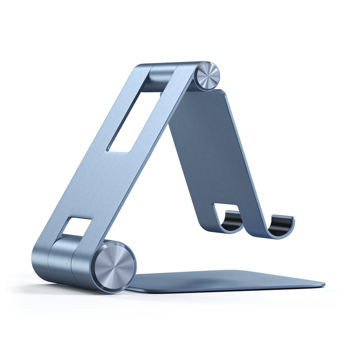 R1 Aluminum Hinge Holder Foldable Stand in Blue, empty, back angled view