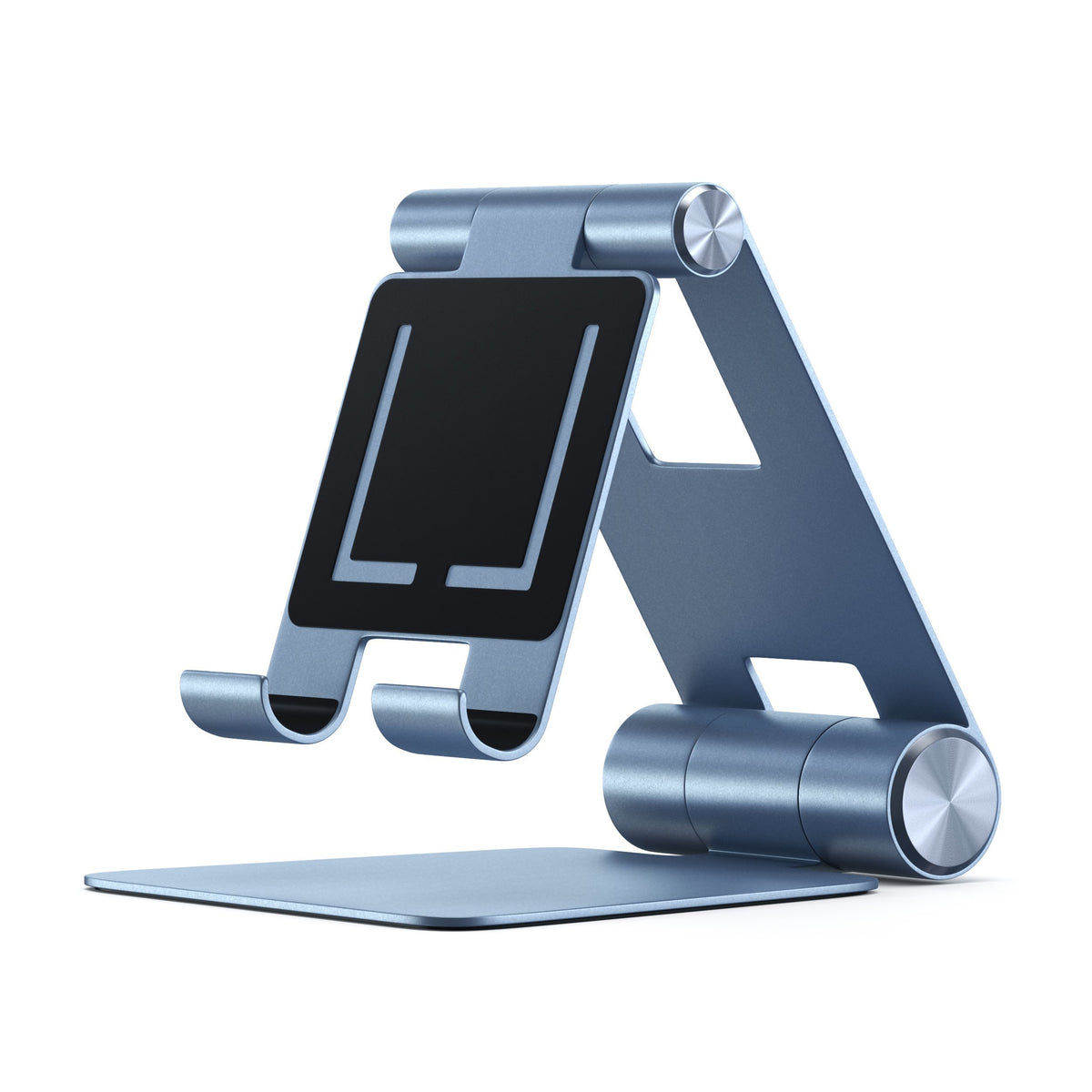 R1 Aluminum Hinge Holder Foldable Stand in Blue, empty, front angled view
