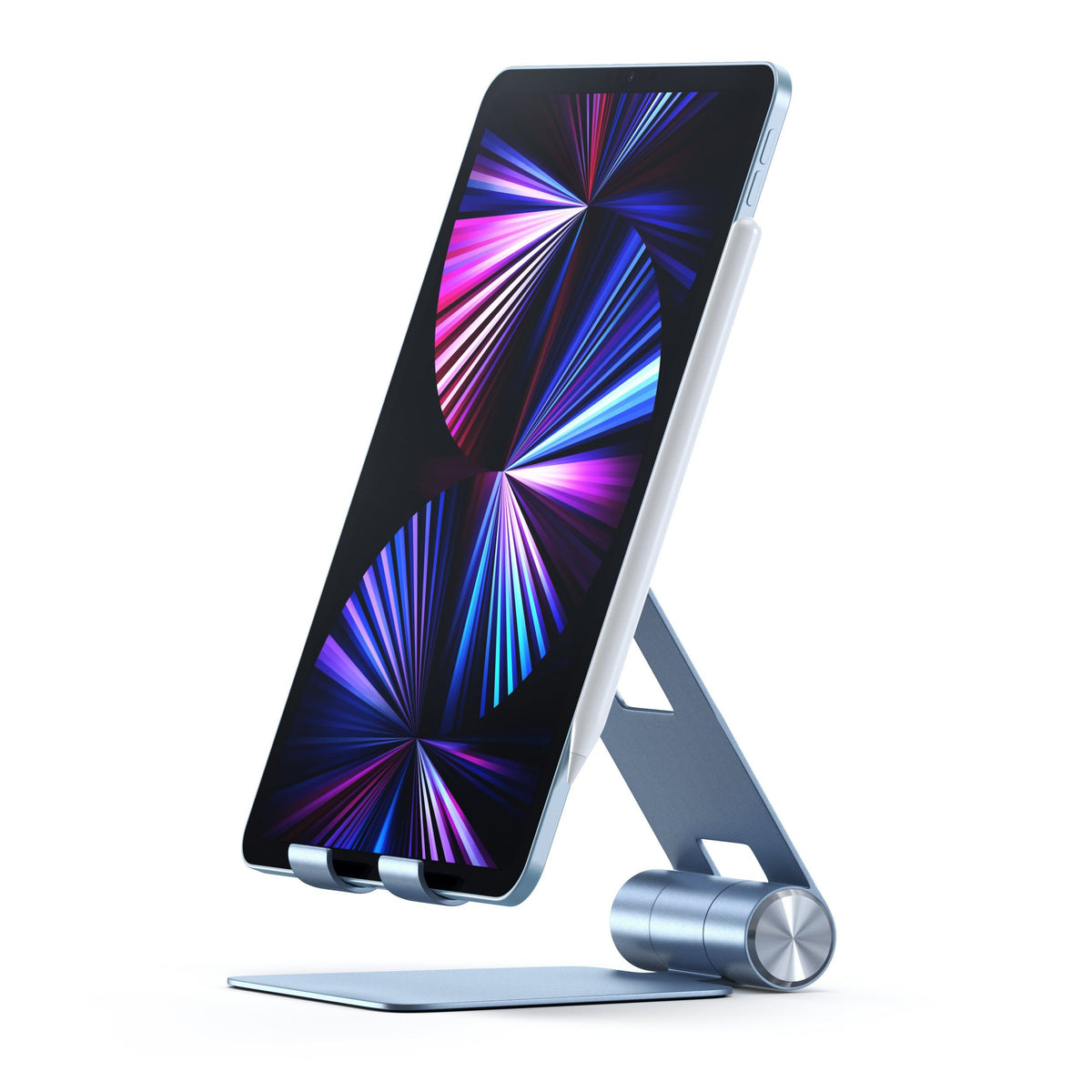 Satechi R1 Aluminum Hinge Holder Foldable Stand in Blue holding an iPad
