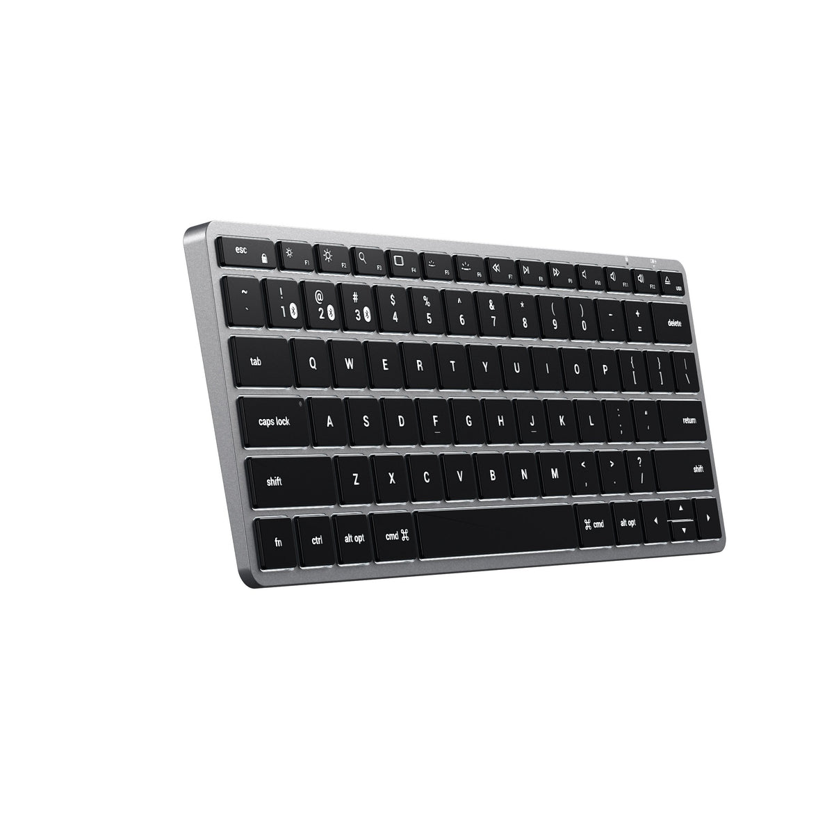 Slim X1 Bluetooth Backlit Keyboard in Space Gray, angled view from the left