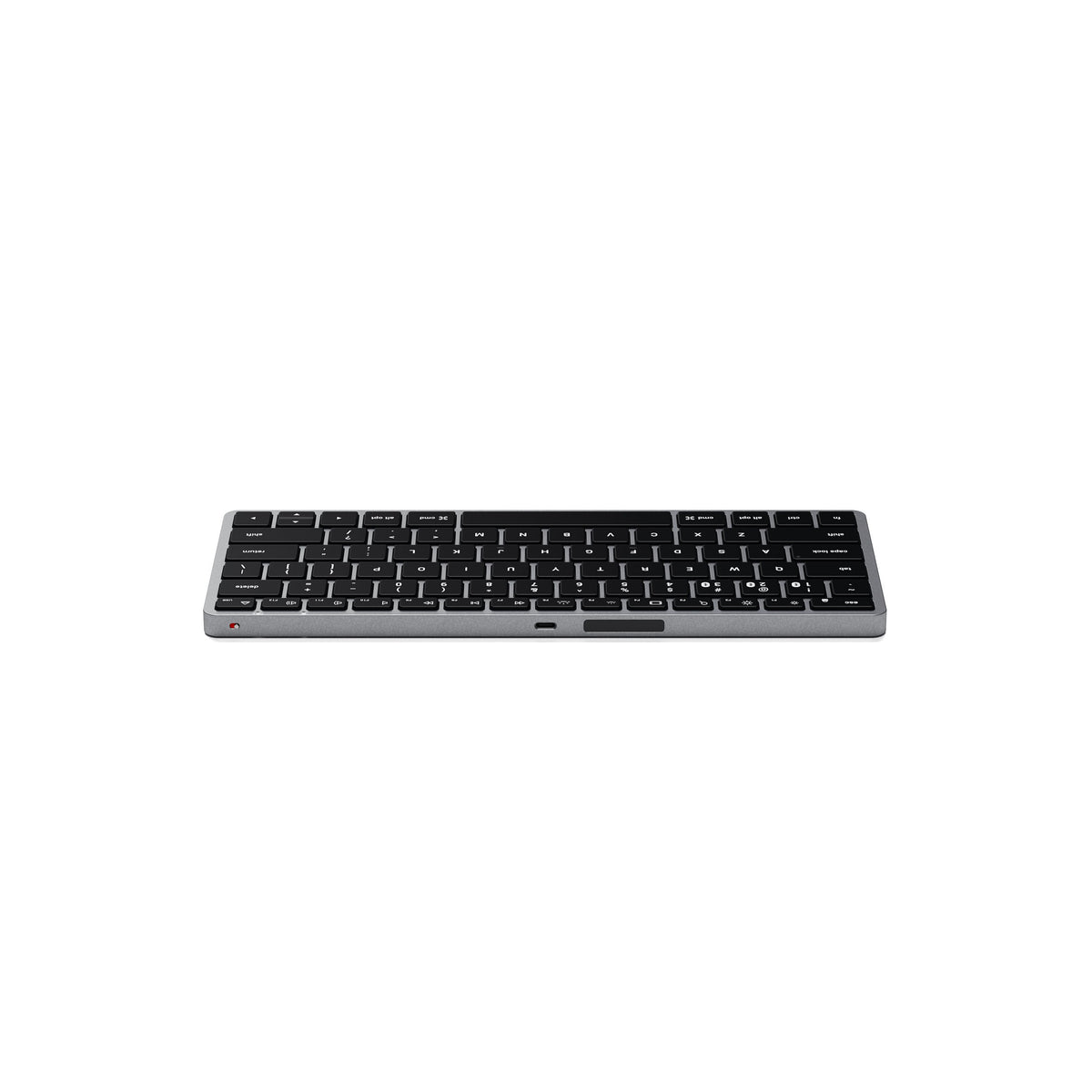 Slim X1 Bluetooth Backlit Keyboard in Space Gray, back edge view showing USB-C port