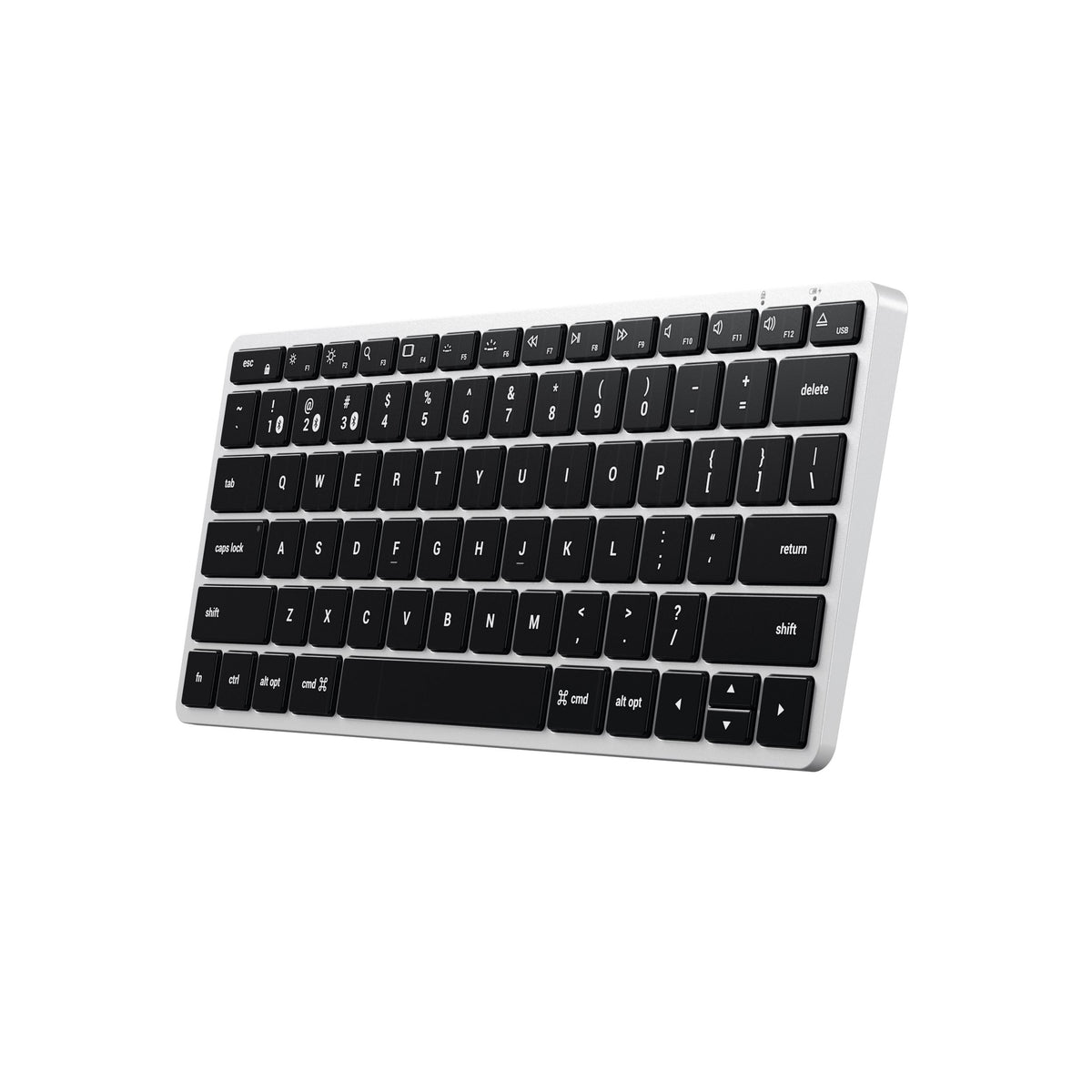 Slim X1 Bluetooth Backlit Keyboard in Silver, angled view from the right