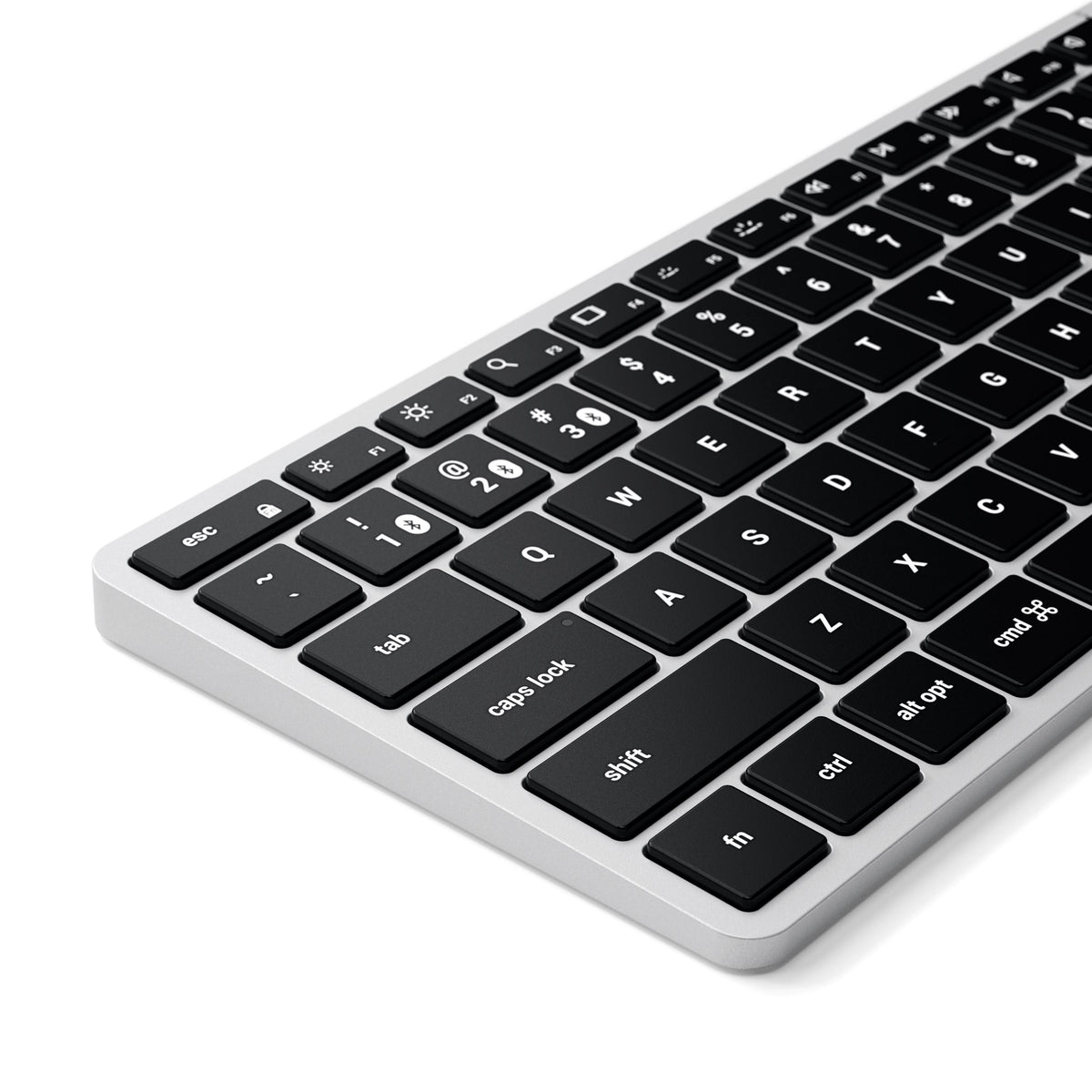 Slim X1 Bluetooth Backlit Keyboard in Silver, close up of backlit keys