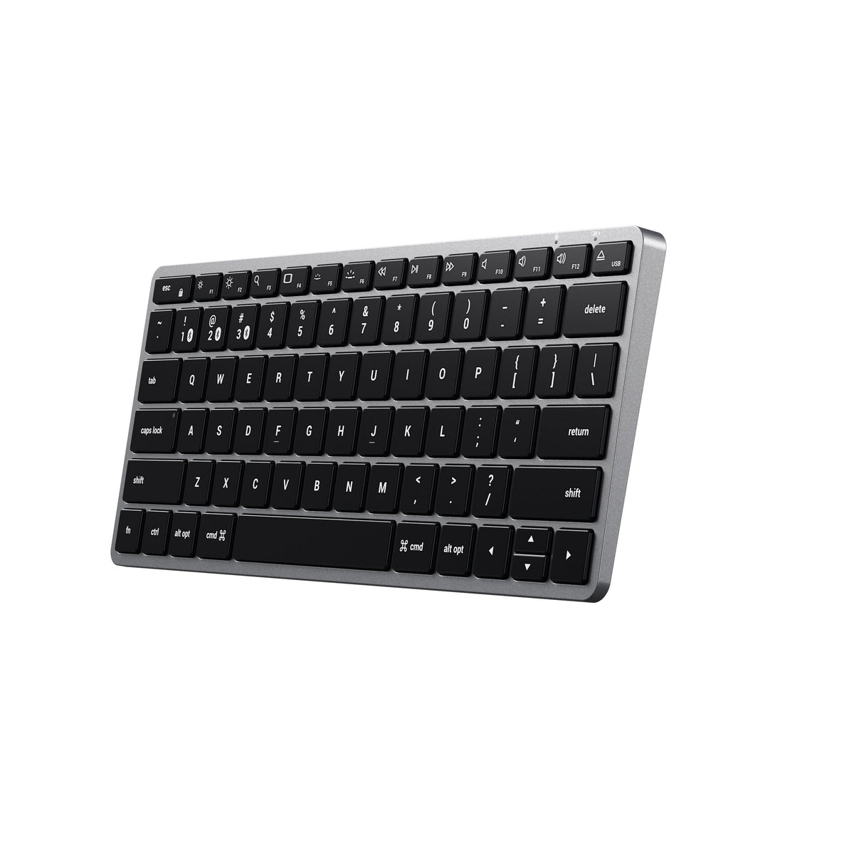 Slim X1 Bluetooth Backlit Keyboard in Space Gray, angled view from the right