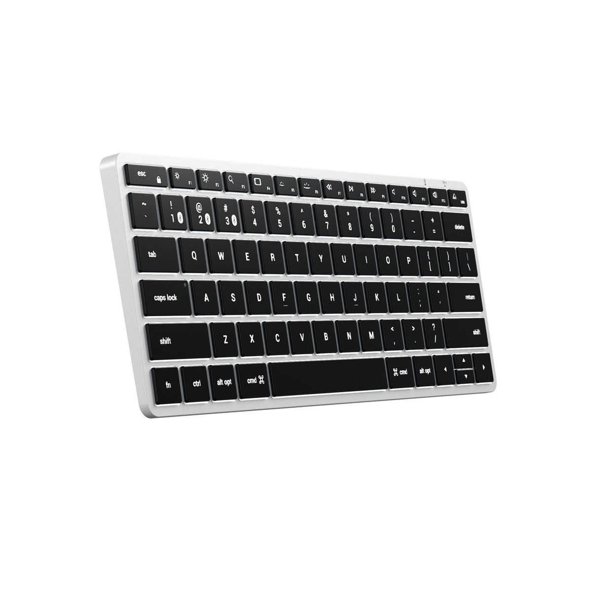 Slim X1 Bluetooth Backlit Keyboard in Silver, angled view from the left