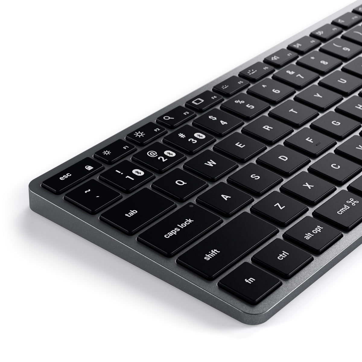 Slim X1 Bluetooth Backlit Keyboard in Space Gray, close up of backlit keys