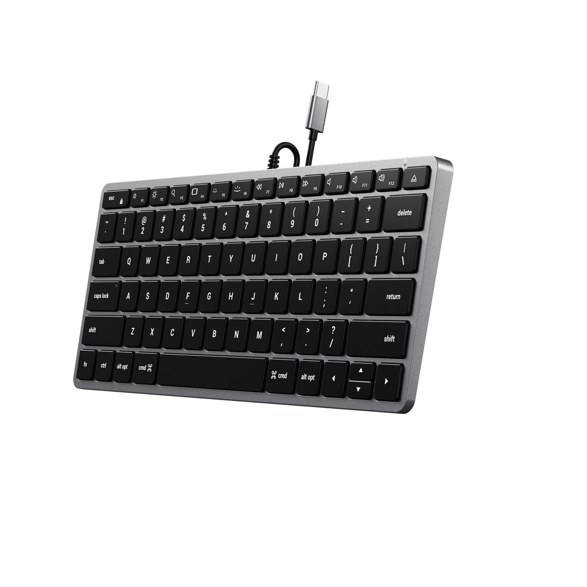 Slim W1 Wired Backlit Keyboard in Space Gray, angled view from the right
