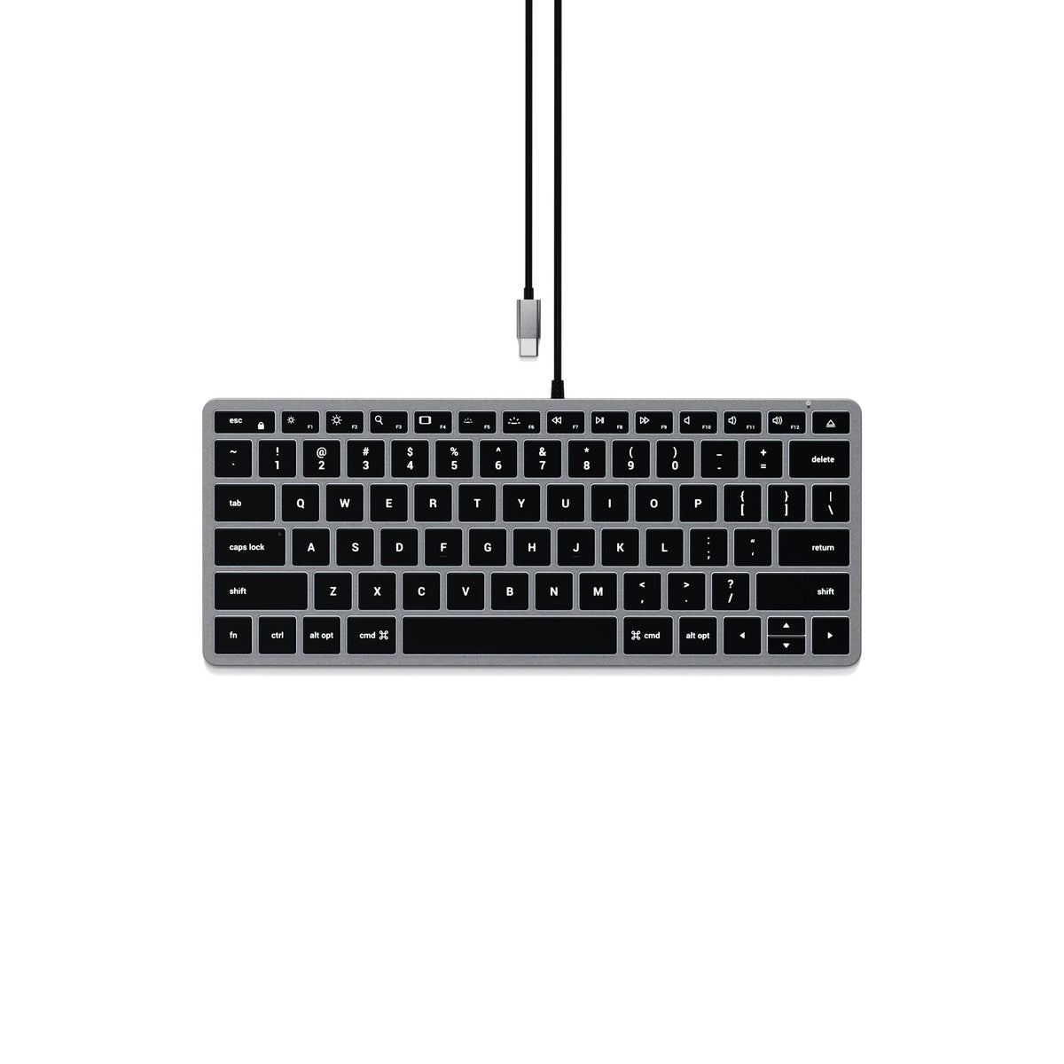 Satechi Slim W1 Wired Backlit Keyboard in Space Gray, top view with USB-C cable