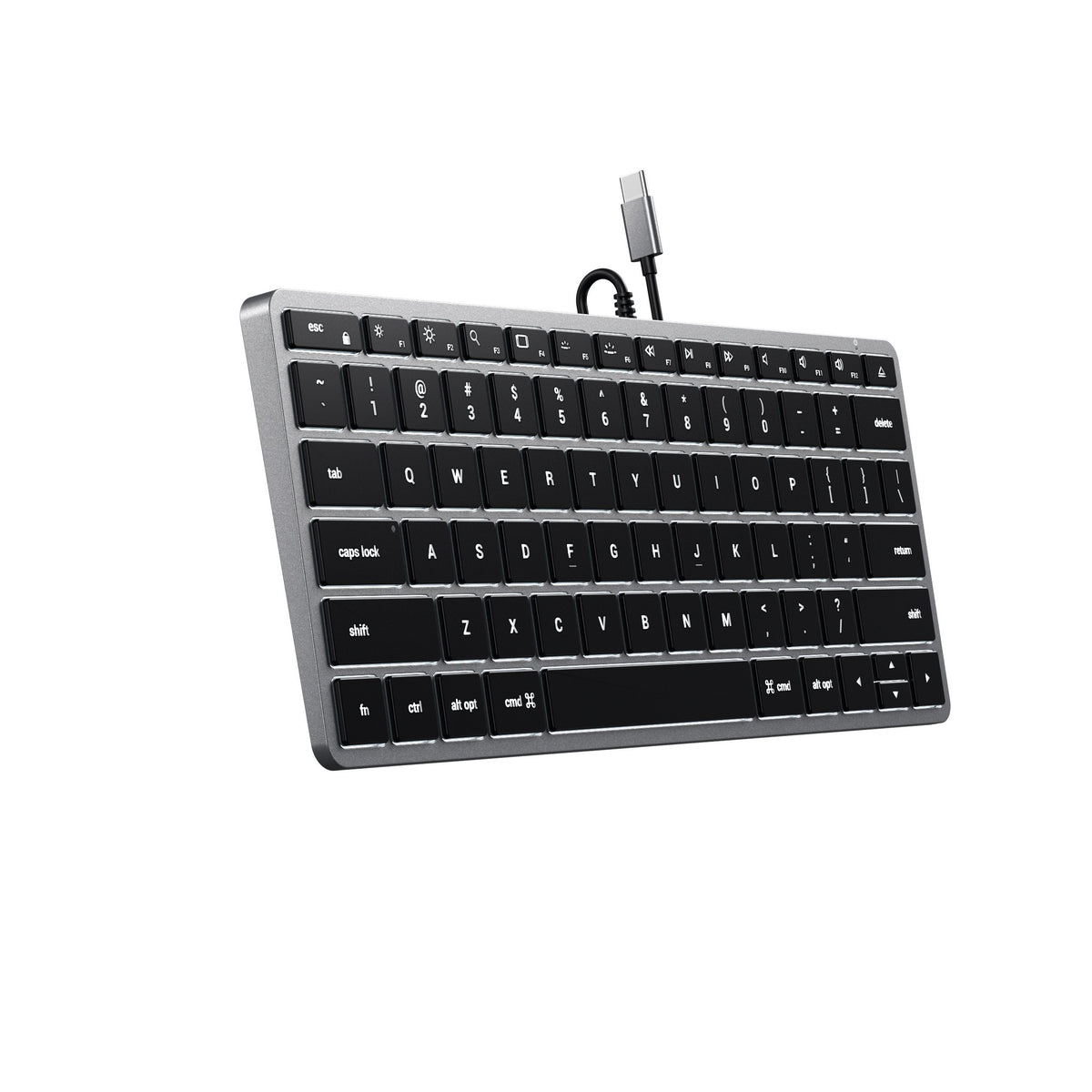 Slim W1 Wired Backlit Keyboard in Space Gray, angled view from the left