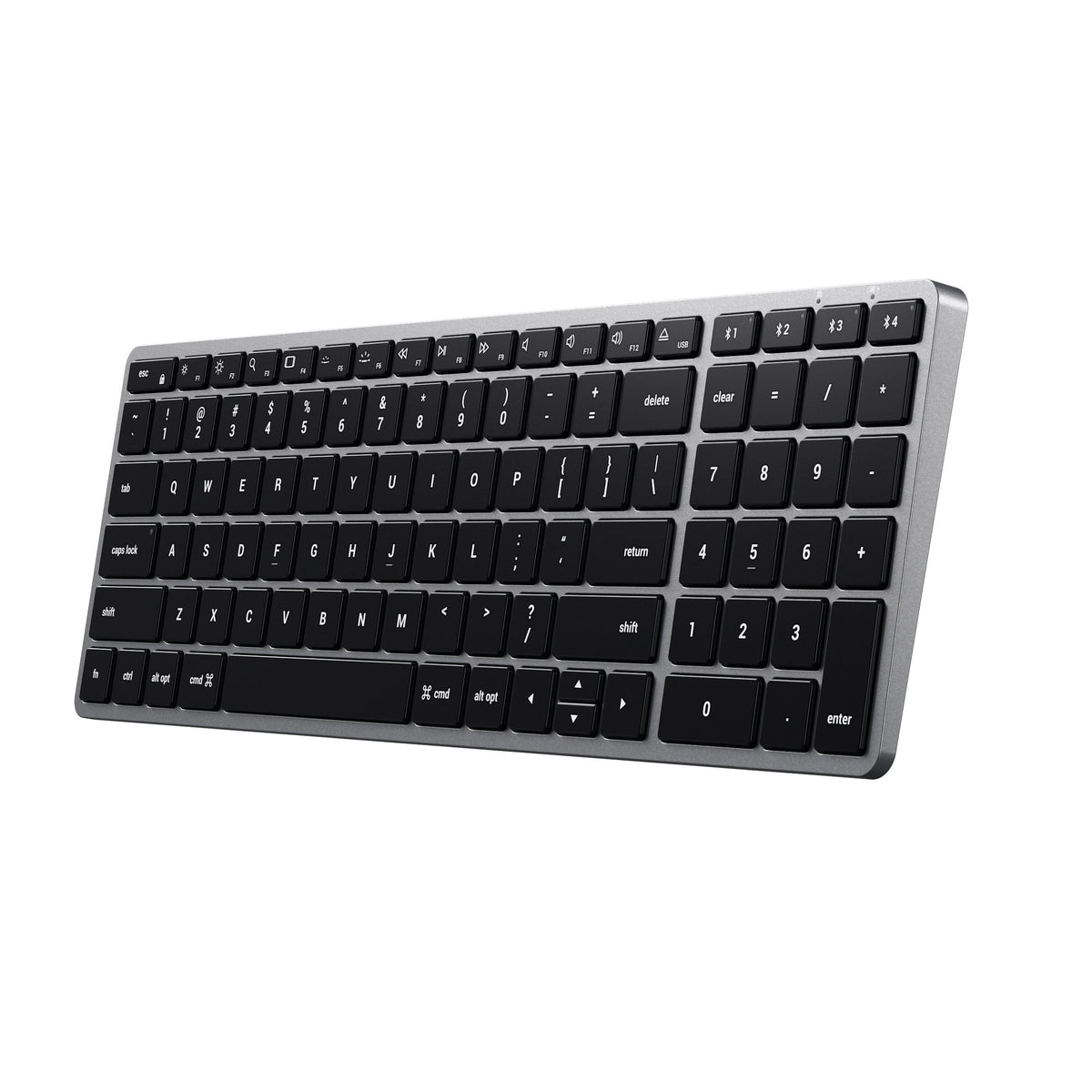 Slim X2 Bluetooth Backlit Keyboard in Space Gray, angled view from the right