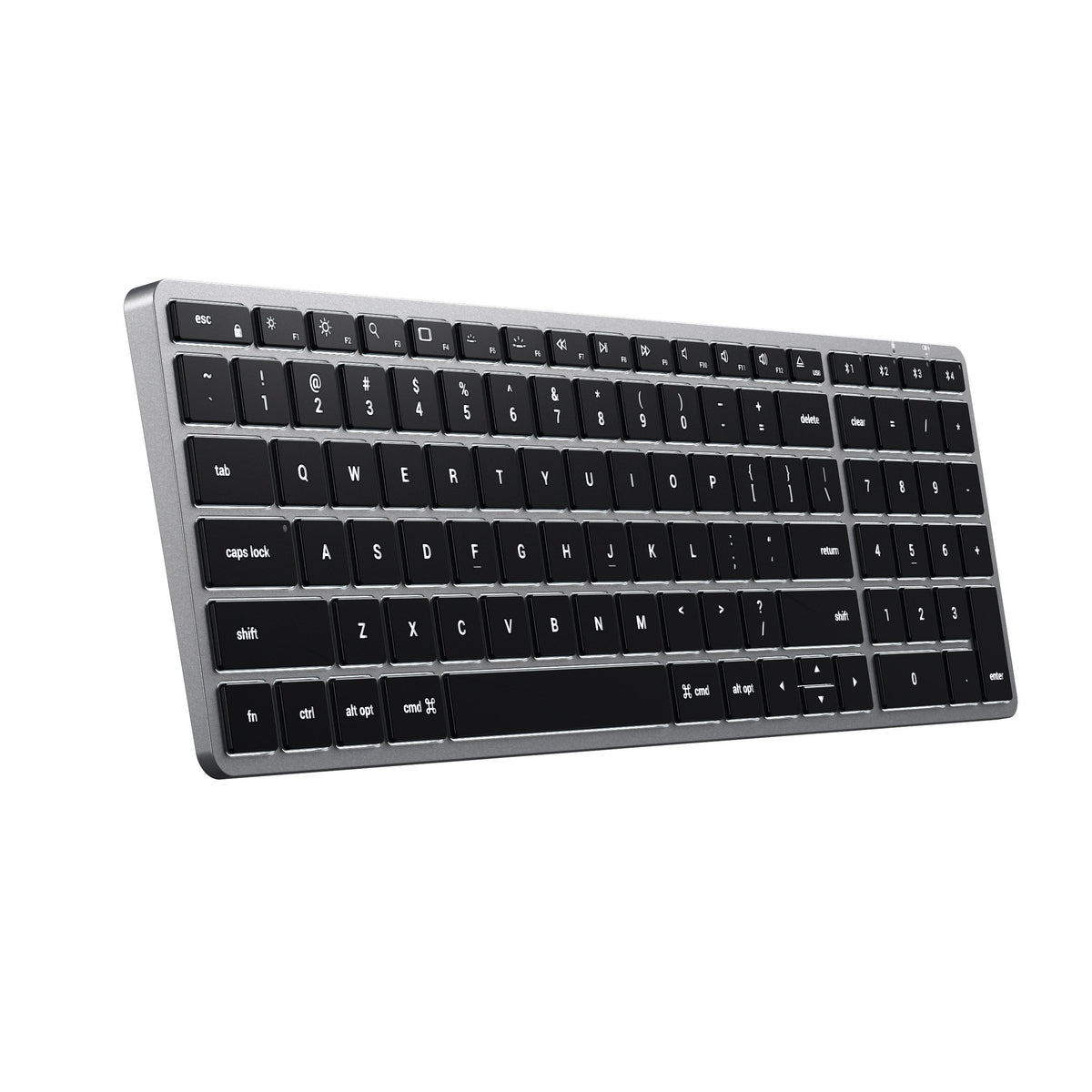 Slim X2 Bluetooth Backlit Keyboard in Space Gray, angled view from the left