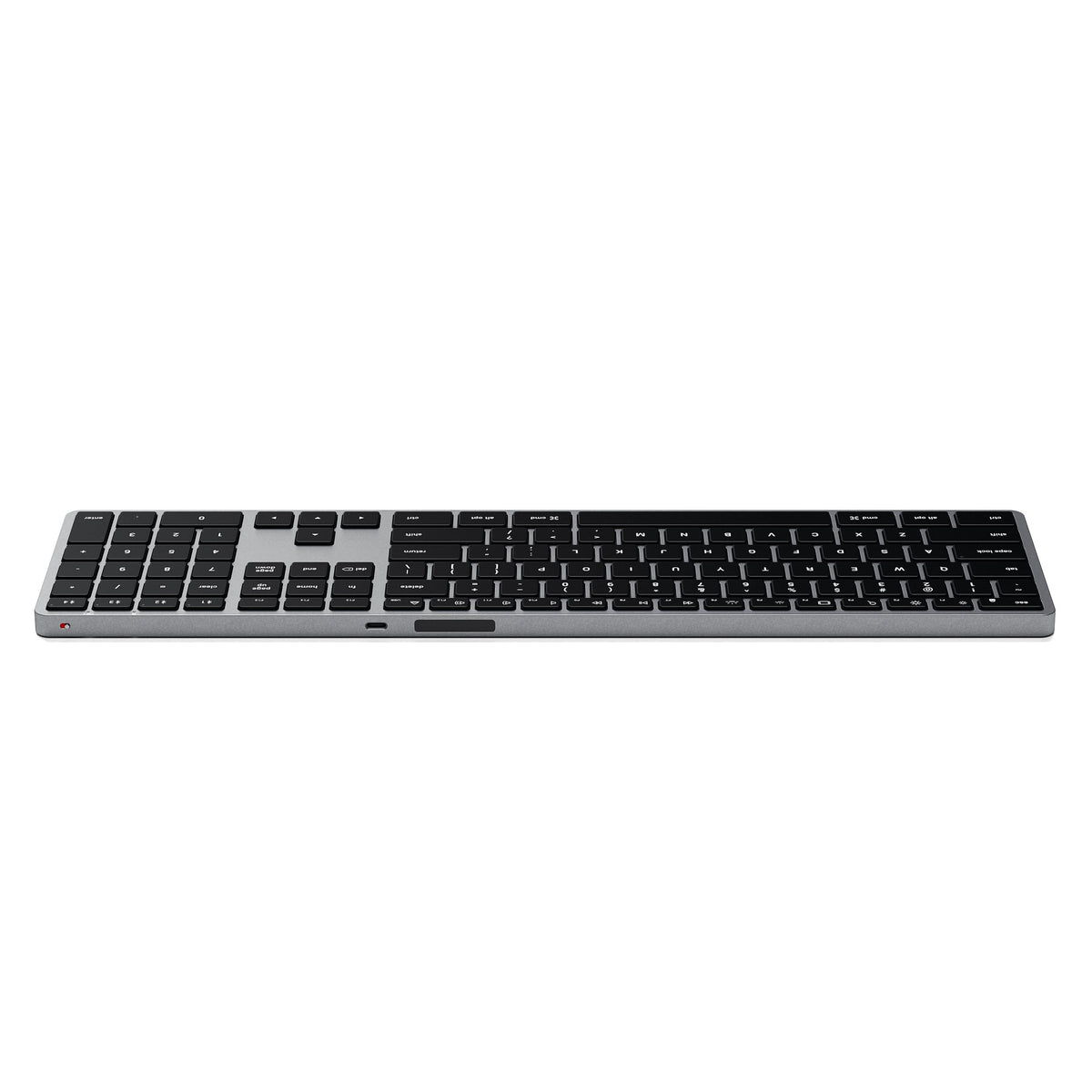 Slim X3 Bluetooth Backlit Keyboard in Space Gray, back edge view showing USB-C port