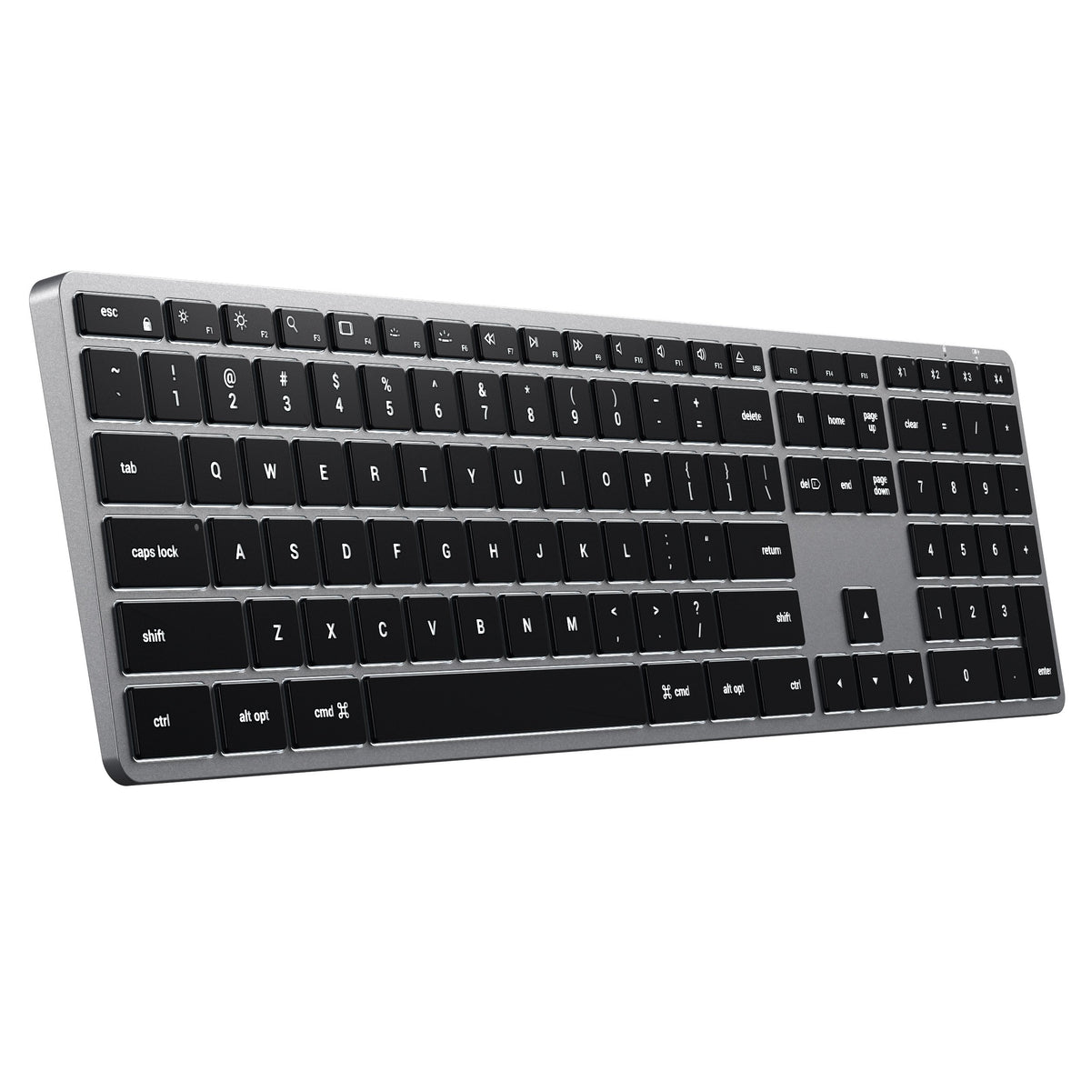 Slim X3 Bluetooth Backlit Keyboard in Space Gray, angled view from the left