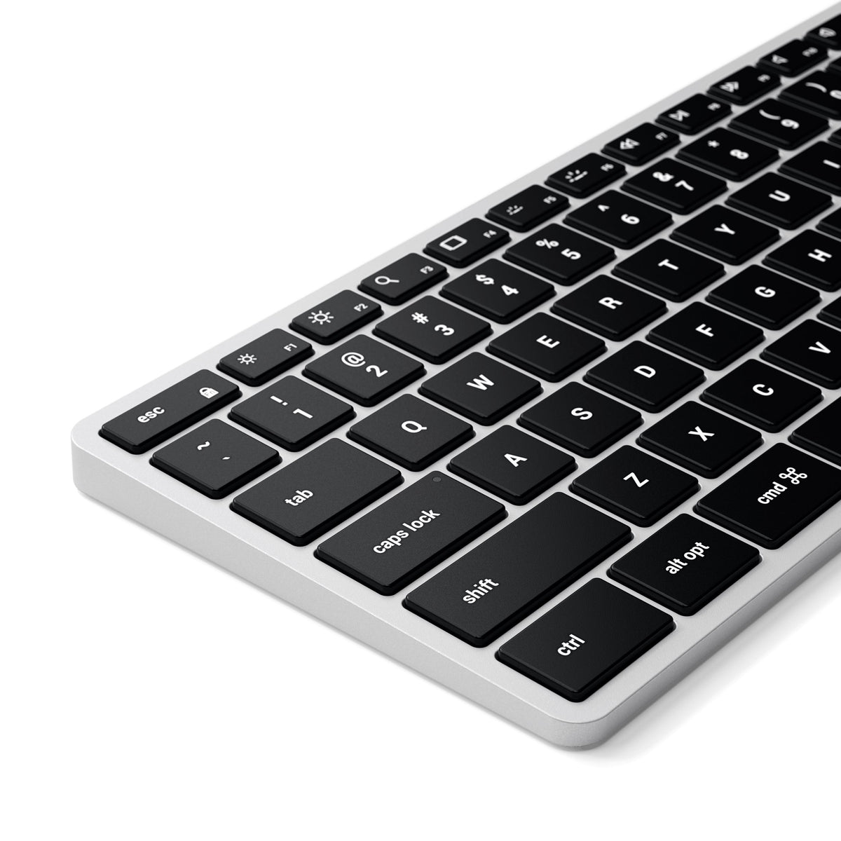 Slim X3 Bluetooth Backlit Keyboard in Silver, close up of backlit keys