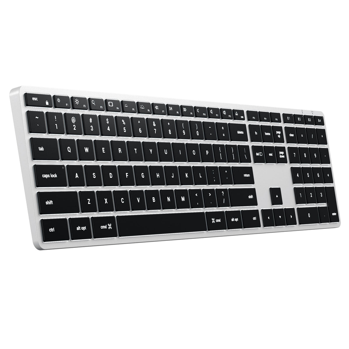 Slim X3 Bluetooth Backlit Keyboard in Silver, angled view from the left