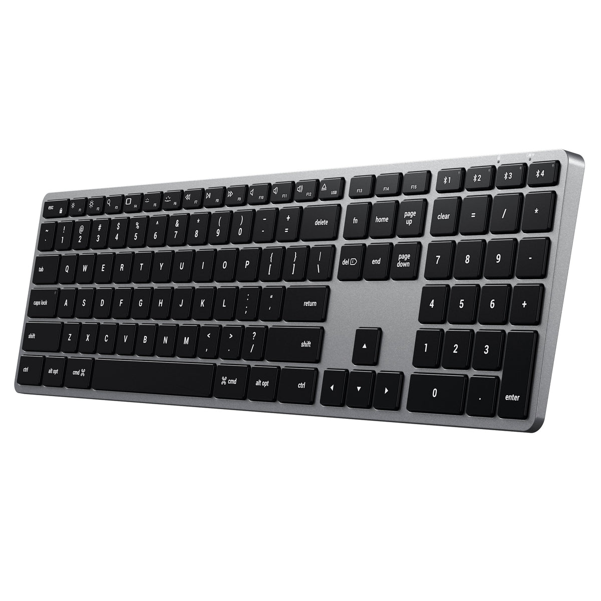 Slim X3 Bluetooth Backlit Keyboard in Space Gray, angled view from the right