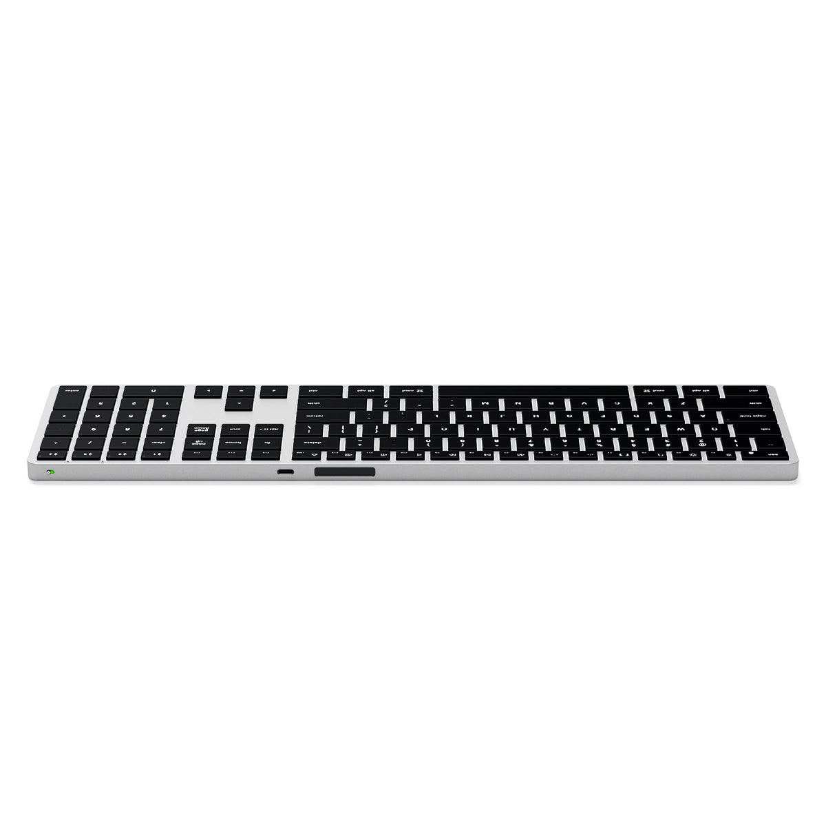 Slim X3 Bluetooth Backlit Keyboard in Silver, back edge view showing USB-C port