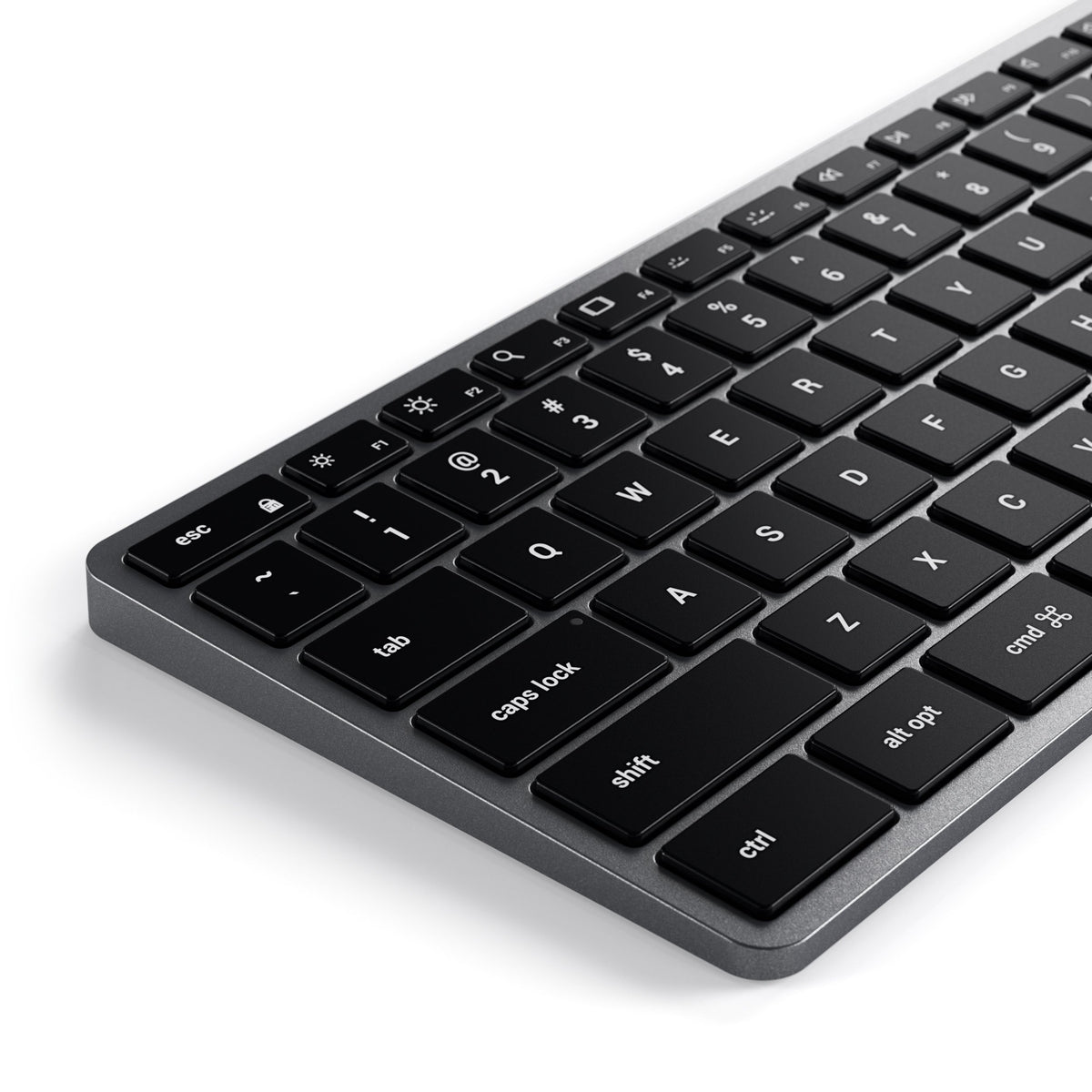 Slim X3 Bluetooth Backlit Keyboard in Space Gray, close up of backlit keys