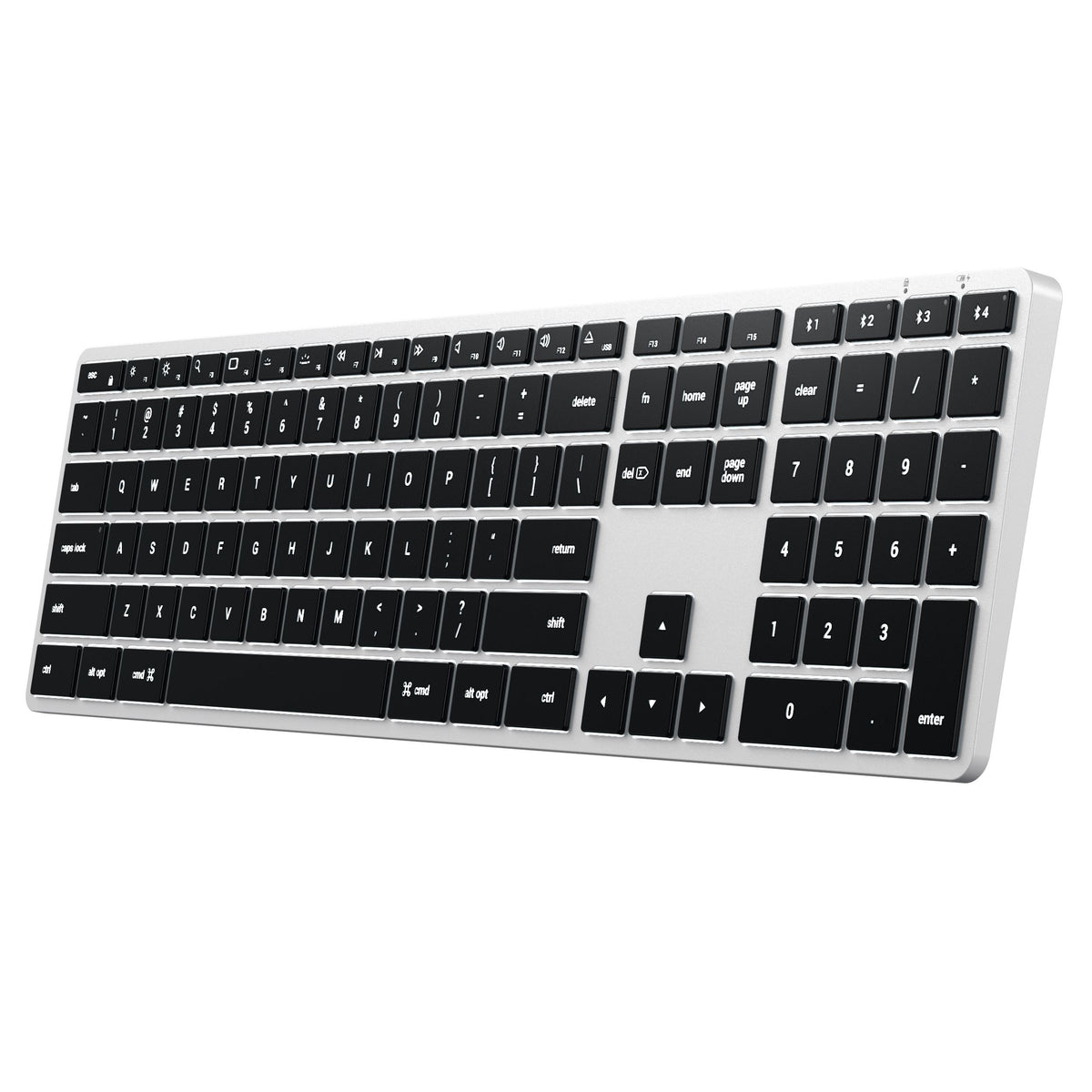Slim X3 Bluetooth Backlit Keyboard in Silver, angled view from the right