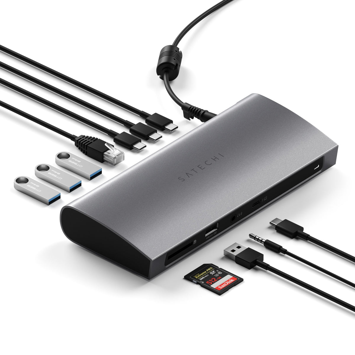 Thunderbolt 4 Dock with cables, flash drives and an SD card connected