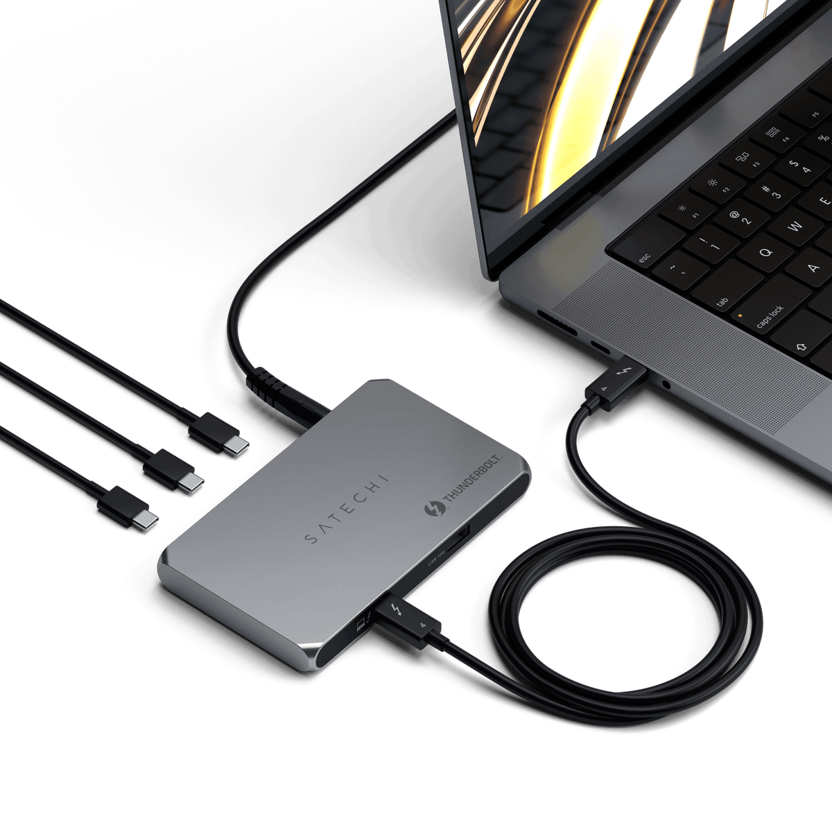 Thunderbolt 4 Slim Hub connected to a laptop with Thunderbolt cables