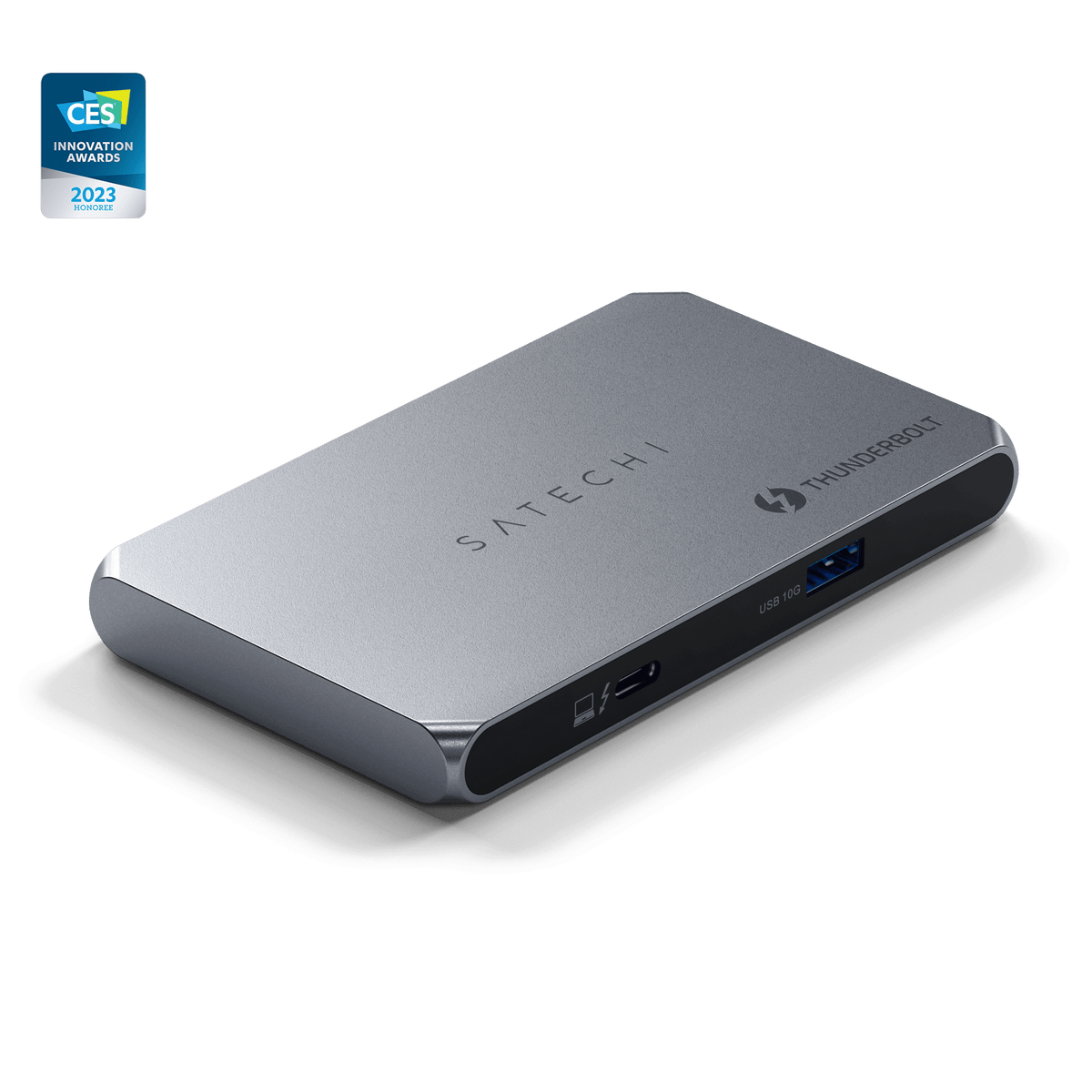 Thunderbolt 4 Slim Hub, EU version, front view with CES 2023 Innovation Award badge