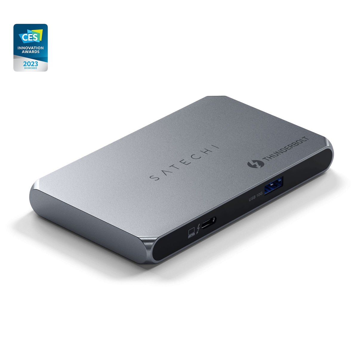 Satechi Thunderbolt 4 Slim Hub in Space Gray, front view with CES 2023 Innovation Award badge