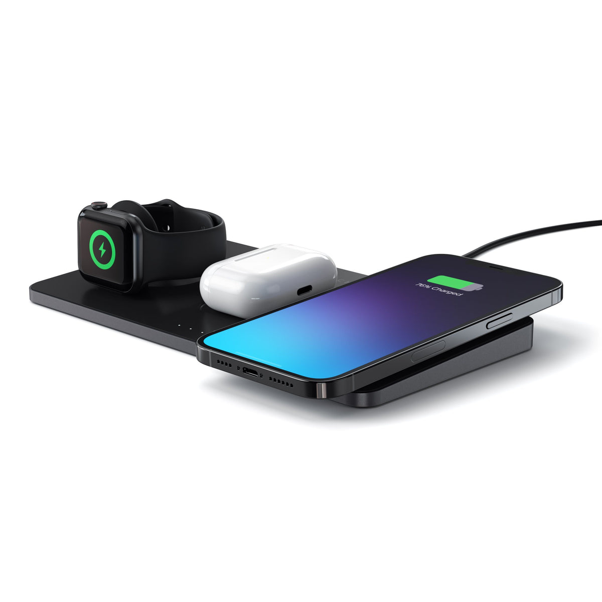 Trio Wireless Charger with Magnetic Pad charging an Apple Watch, AirPods and an iPhone, side view