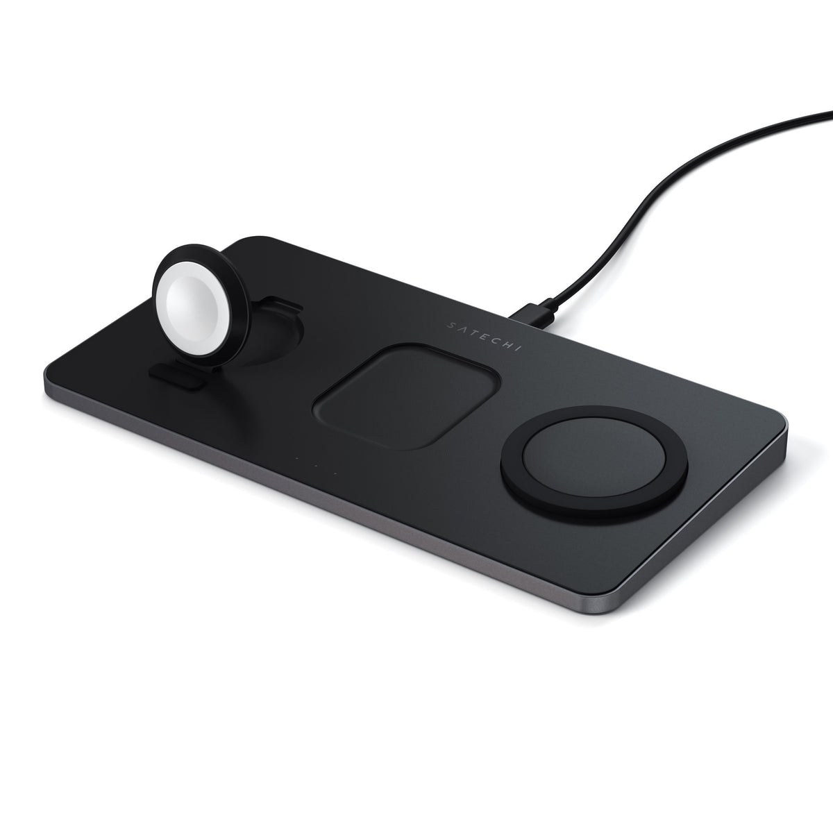 Trio Wireless Charger with Magnetic Pad empty, angled view with its cable