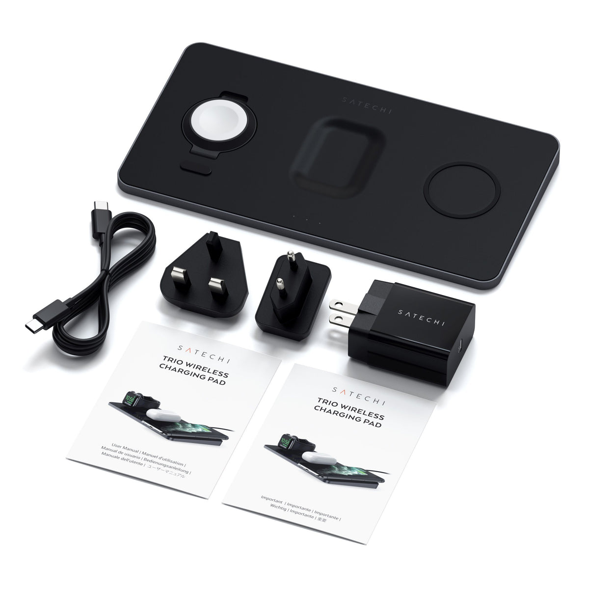Trio Wireless Charger with Magnetic Pad with its power adapter, international plugs, USB-C cable and instruction manuals
