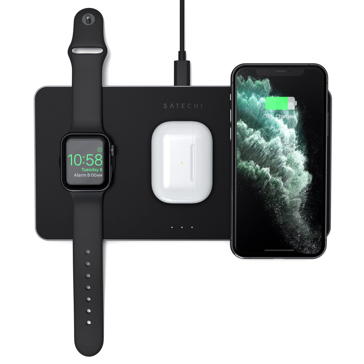 Satechi Trio Wireless Charger with Magnetic Pad charging an Apple Watch, AirPods and iPhone at the same time