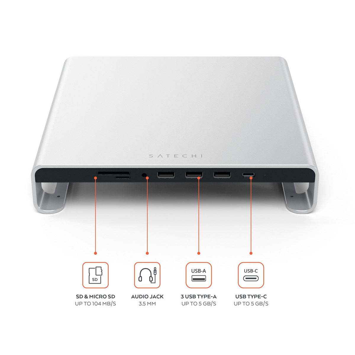 Type-C Aluminum Monitor Stand Hub for iMac in Silver, diagram labeling the front ports: SD and microSD (up to 104 MB/s), audio jack 3.5mm, 3 USB Type-A (up to 5 Gb/s), USB Type-C (up to 5 Gb/s)