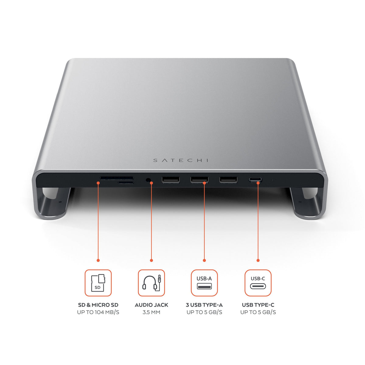 Type-C Aluminum Monitor Stand Hub for iMac in Space Gray, diagram labeling the front ports: SD and microSD (up to 104 MB/s), audio jack 3.5mm, 3 USB Type-A (up to 5 Gb/s), USB Type-C (up to 5 Gb/s)