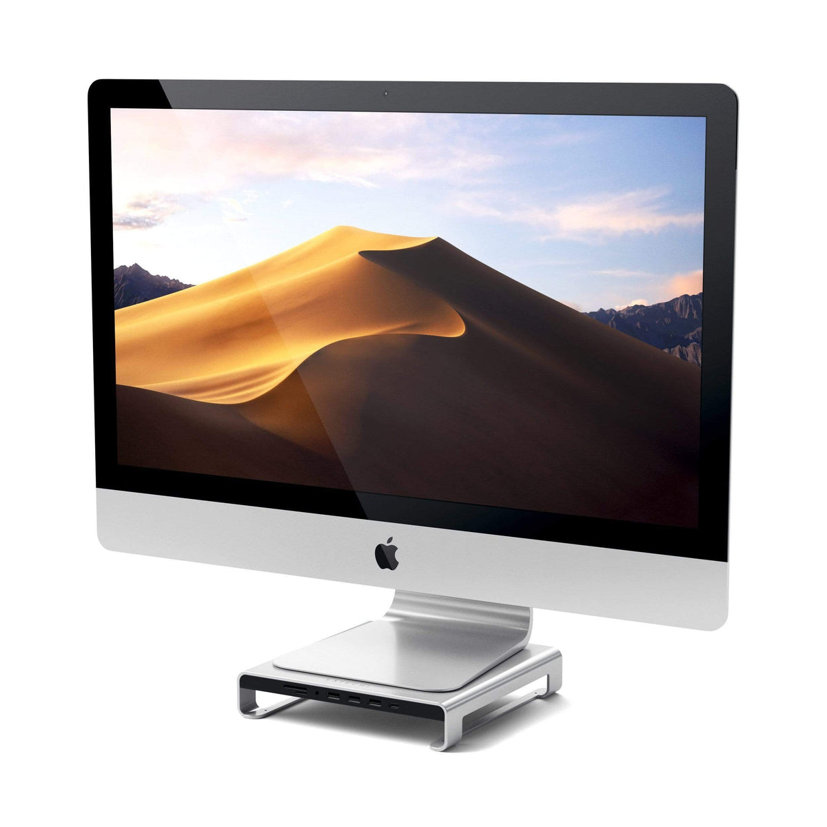 Satechi Type-C Aluminum Monitor Stand Hub for iMac in Silver under an iMac