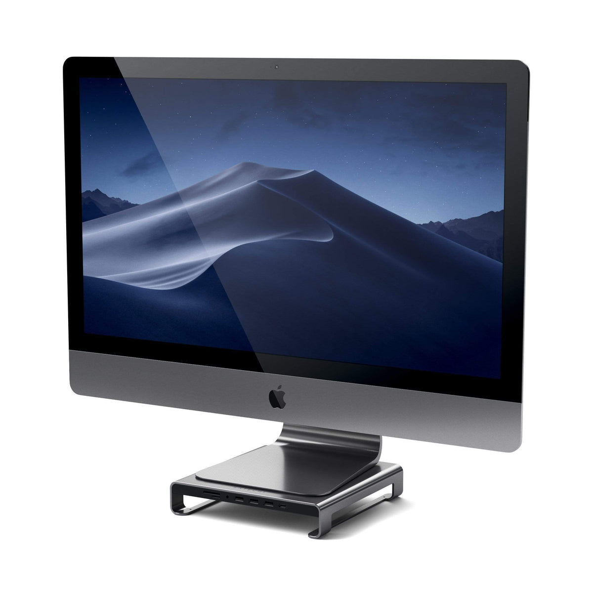 Satechi Type-C Aluminum Monitor Stand Hub for iMac in Space Gray under an iMac