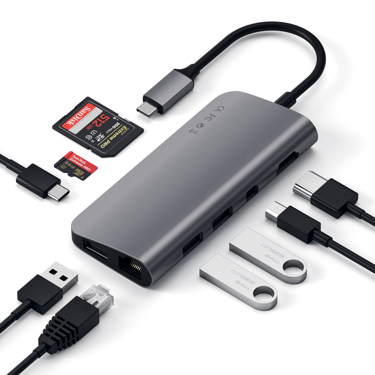 Type-C Multimedia Adapter in Space Gray with SD and microSD cards, HDMI, Mini DisplayPort, USB-A, Ethernet and USB-C cables