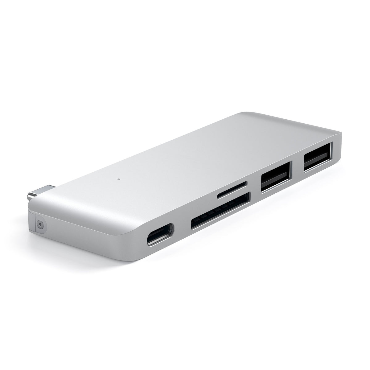 Type-C Pass-Through USB Hub in Silver, angled view of ports