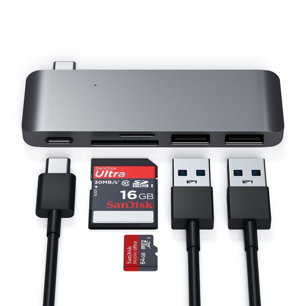 Type-C Pass-Through USB Hub in Space Gray with USB-C and USB cables, SD and microSD cards