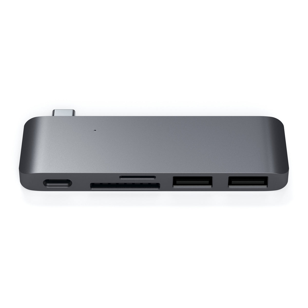 Type-C Pass-Through USB Hub in Space Gray, front view of ports