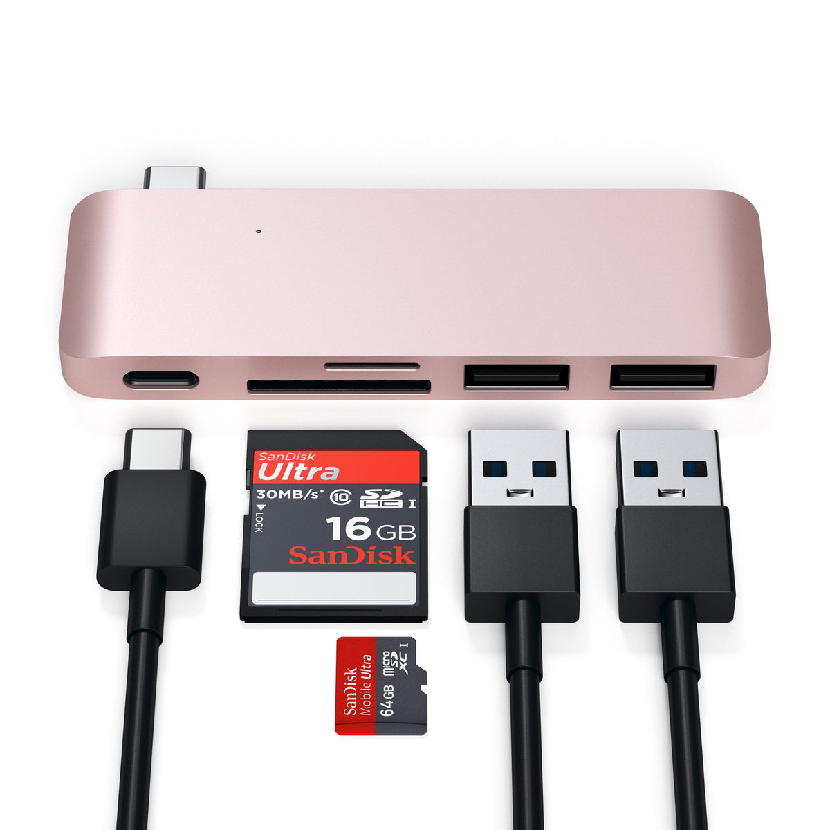 Type-C Pass-Through USB Hub in Rose Gold with USB-C and USB cables, SD and microSD cards