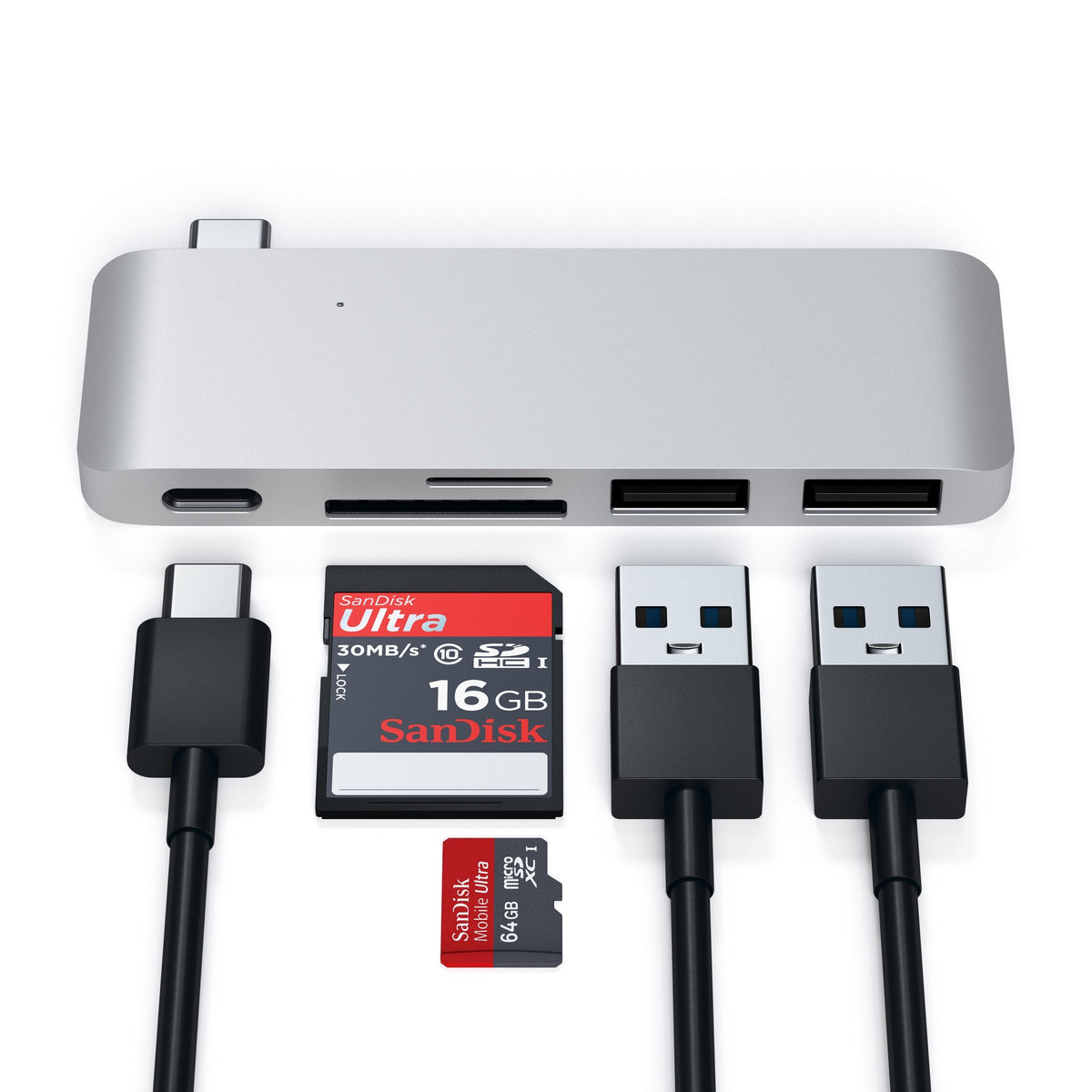 Type-C Pass-Through USB Hub in Silver with USB-C and USB cables, SD and microSD cards
