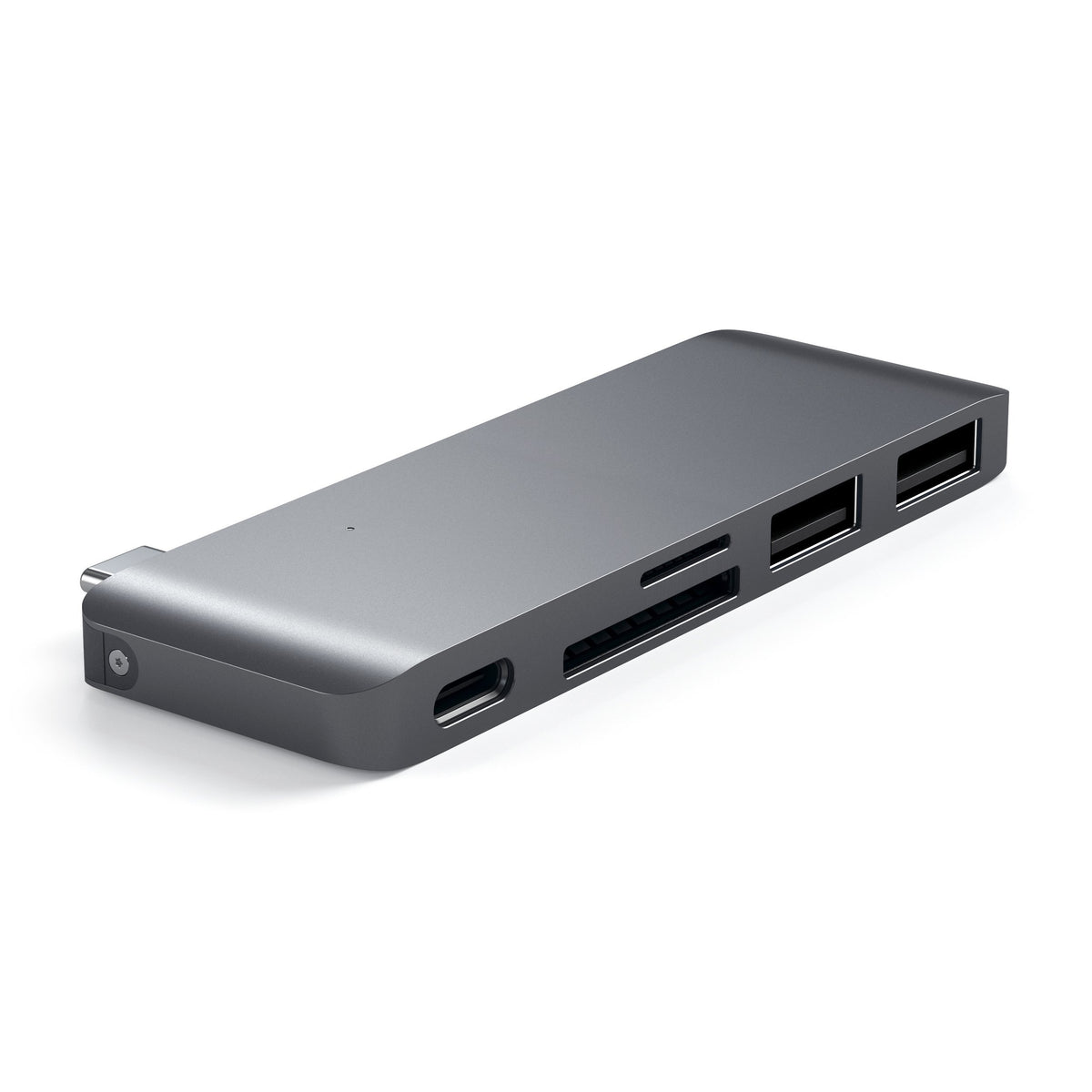 Type-C Pass-Through USB Hub in Space Gray, angled view of ports
