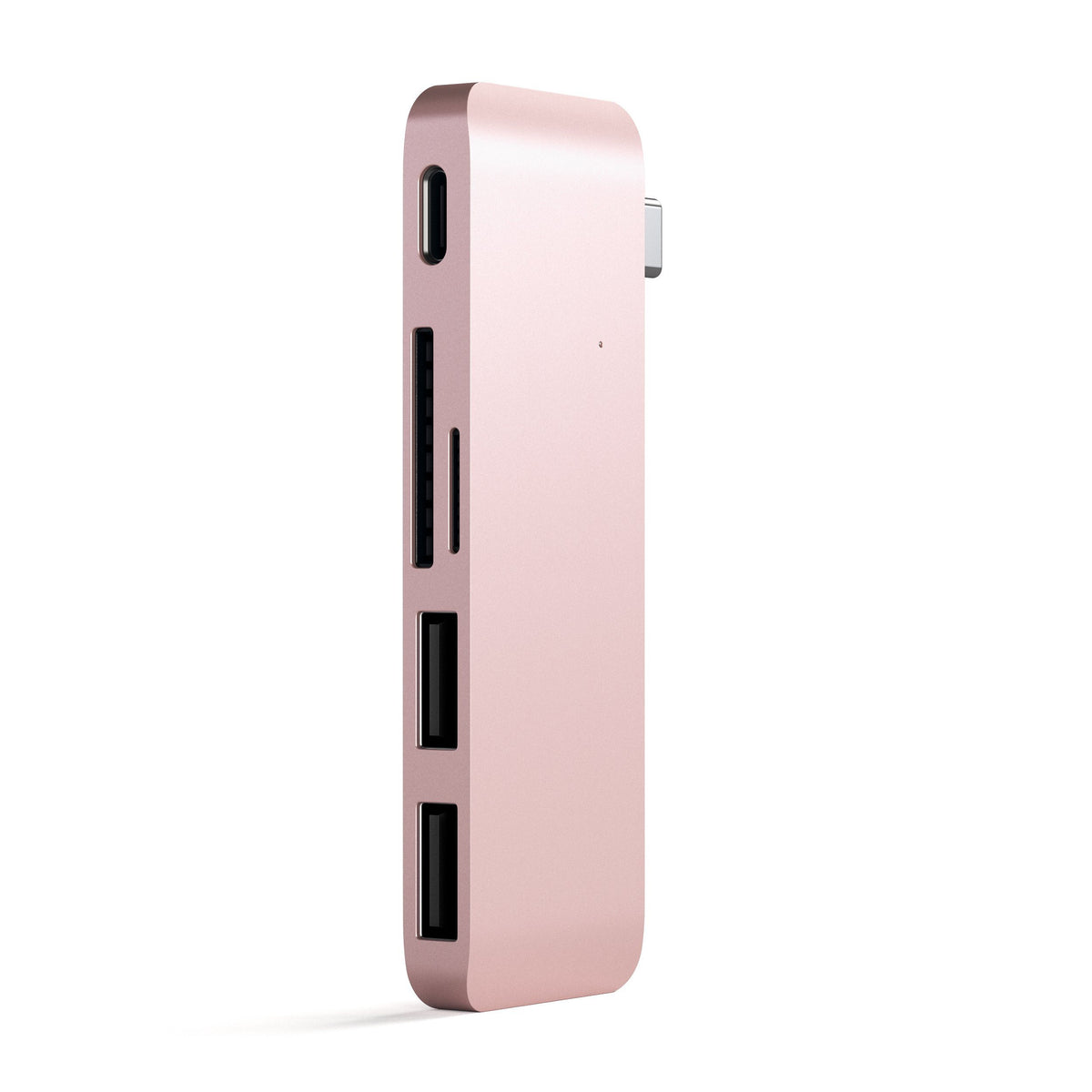 Satechi Type-C Pass-Through USB Hub in Rose Gold, side view of ports