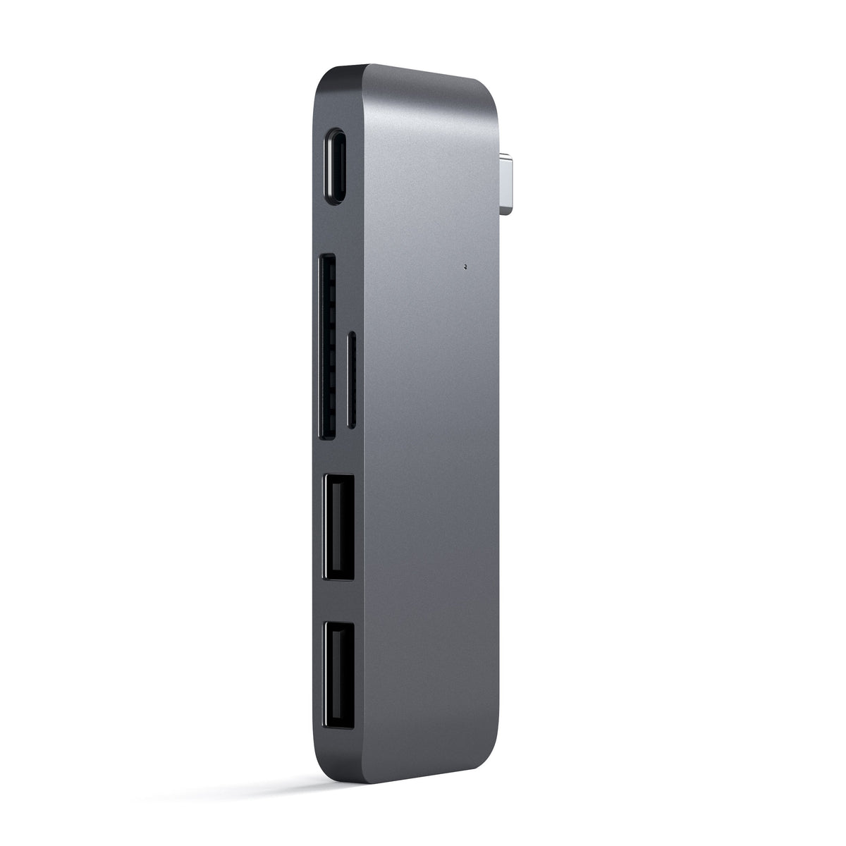 Satechi Type-C Pass-Through USB Hub in Space Gray, side view of ports