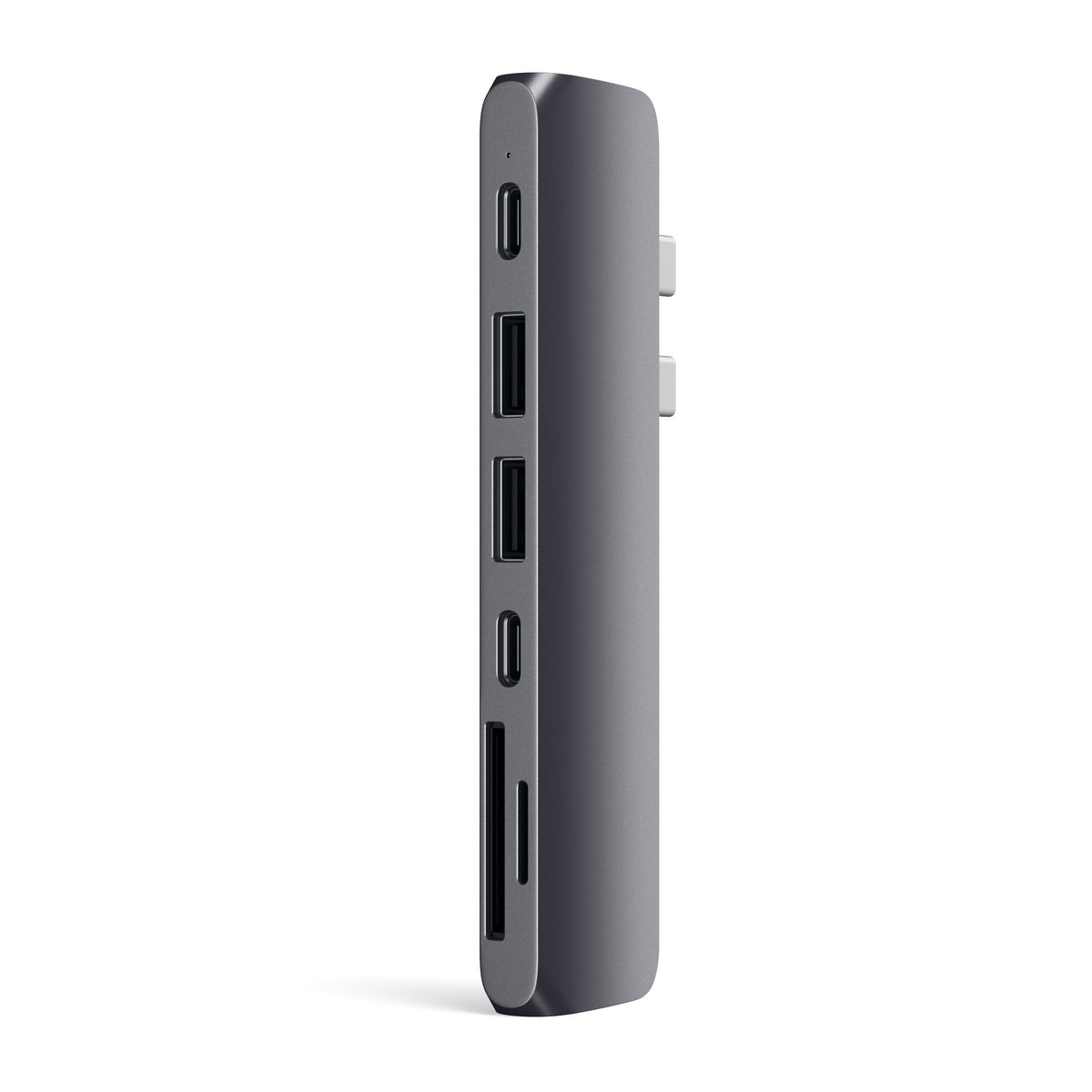 Satechi Type-C Pro Hub Adapter in Space Gray, side view of ports