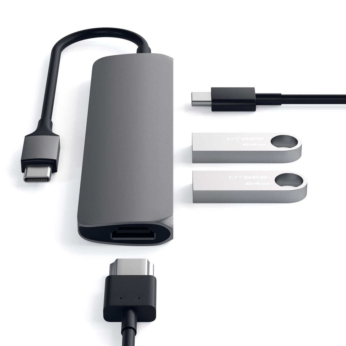 Type-C Slim Multi-Port Adapter 4K in Space Gray with USB-C and HDMI cables and flash drives