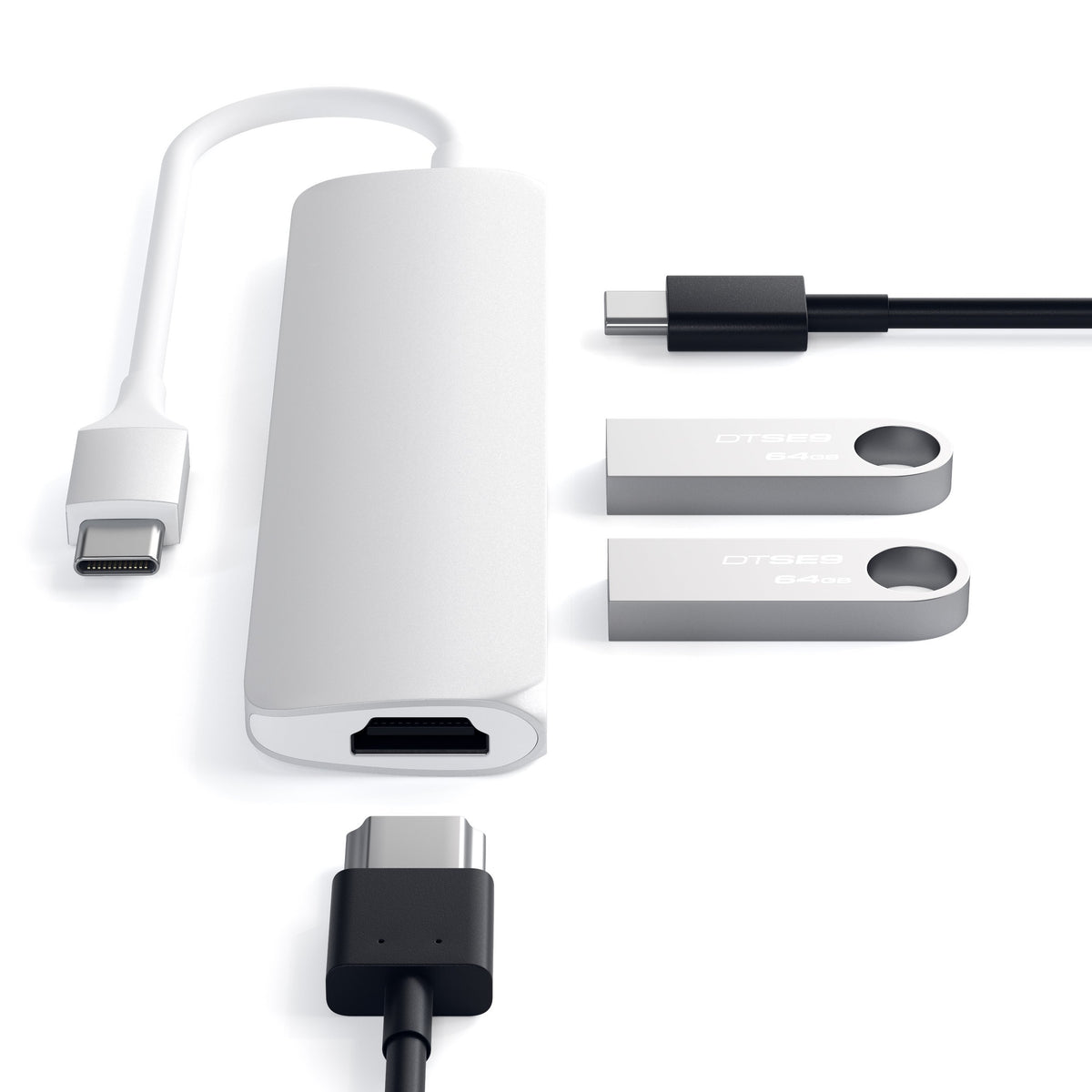 Type-C Slim Multi-Port Adapter 4K in Silver with USB-C and HDMI cables and flash drives