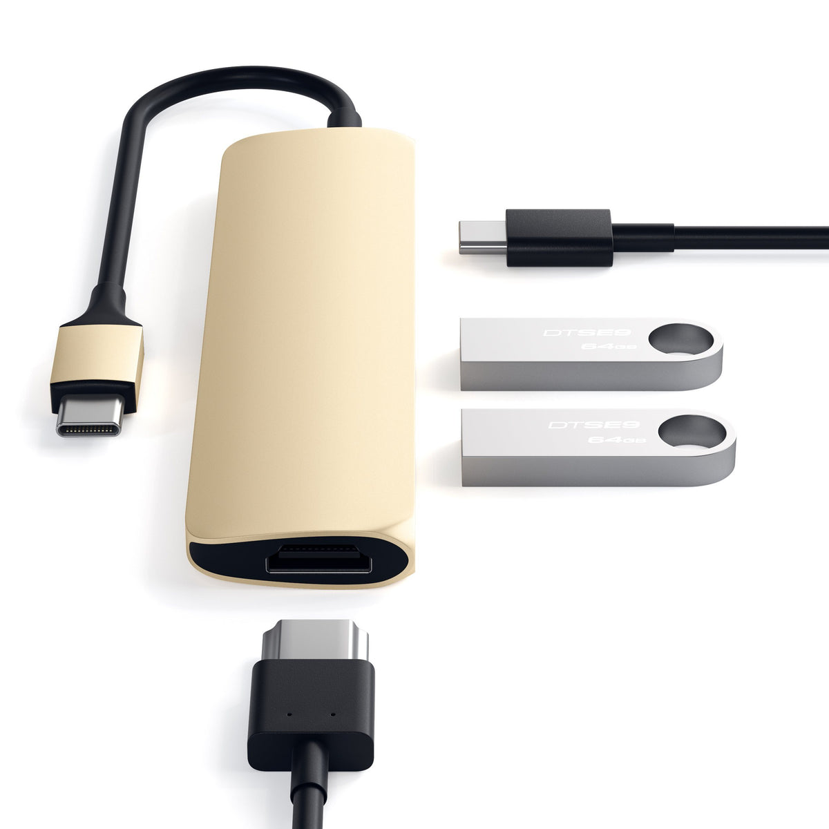 Type-C Slim Multi-Port Adapter 4K in Gold with USB-C and HDMI cables and flash drives