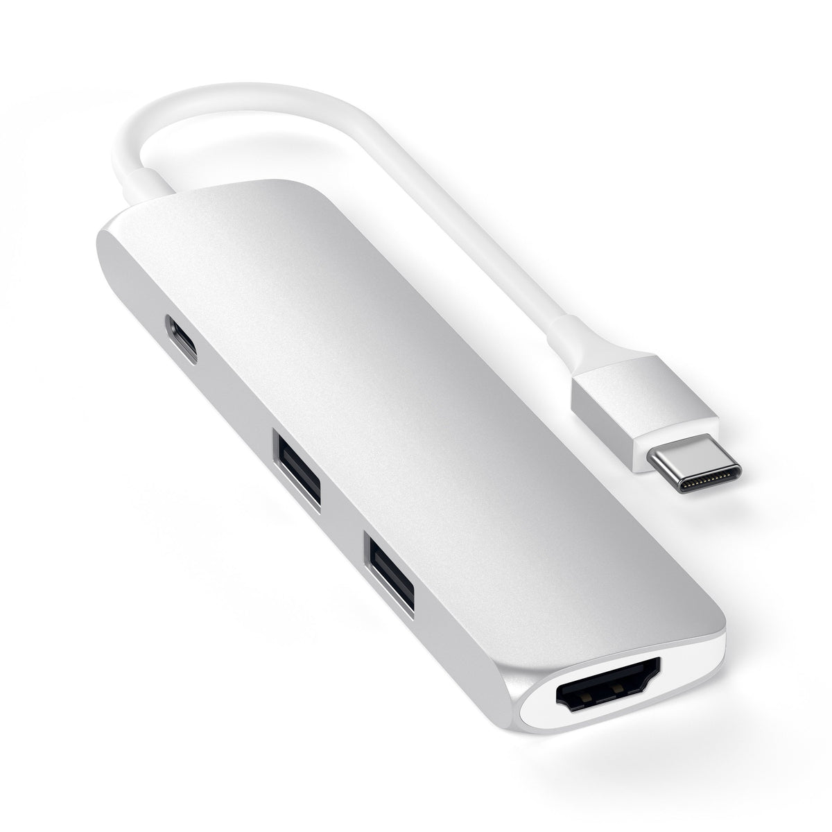 Satechi Type-C Slim Multi-Port Adapter 4K in Silver, angled view of ports