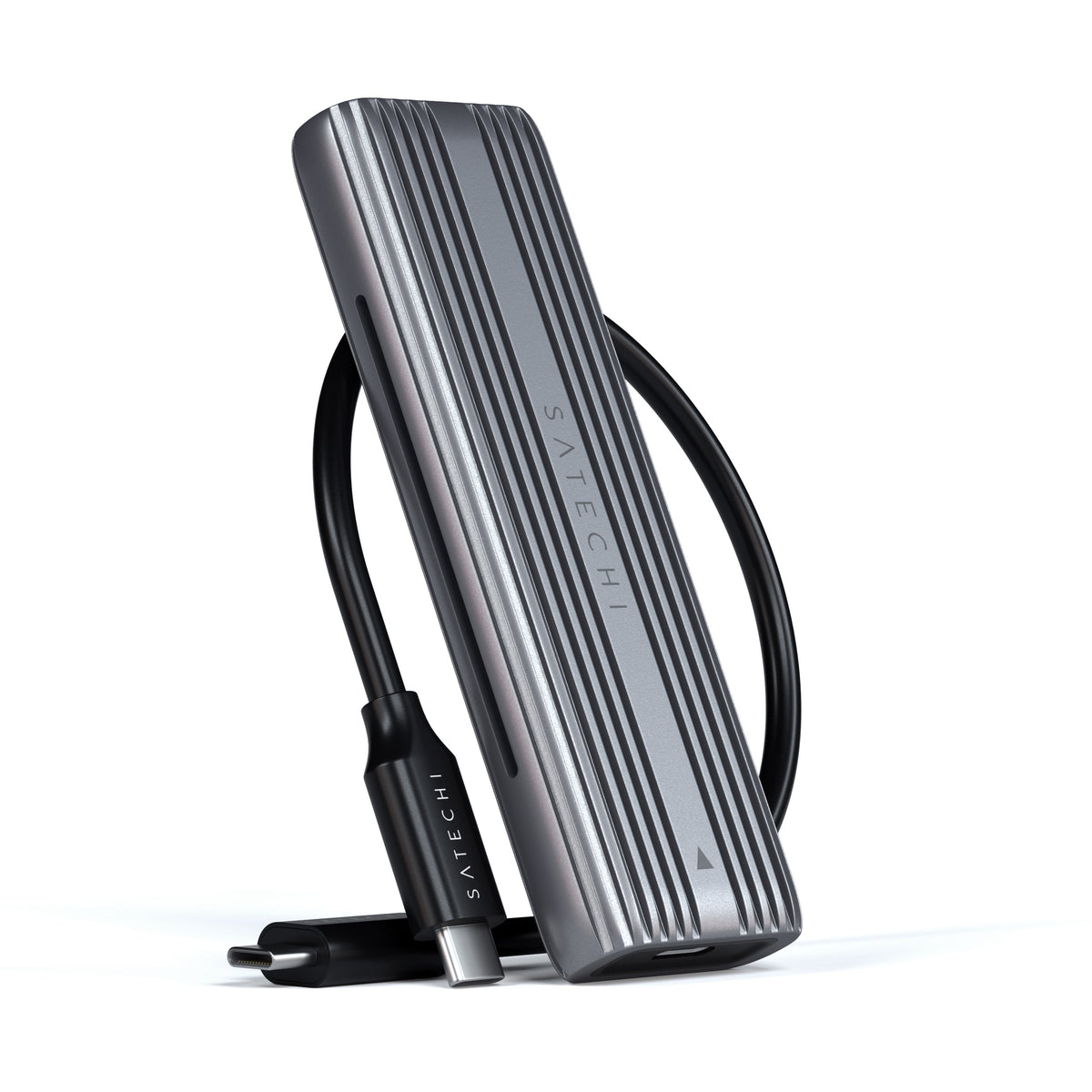 USB-C NVMe and SATA SSD Enclosure standing upright with its USB-C cable